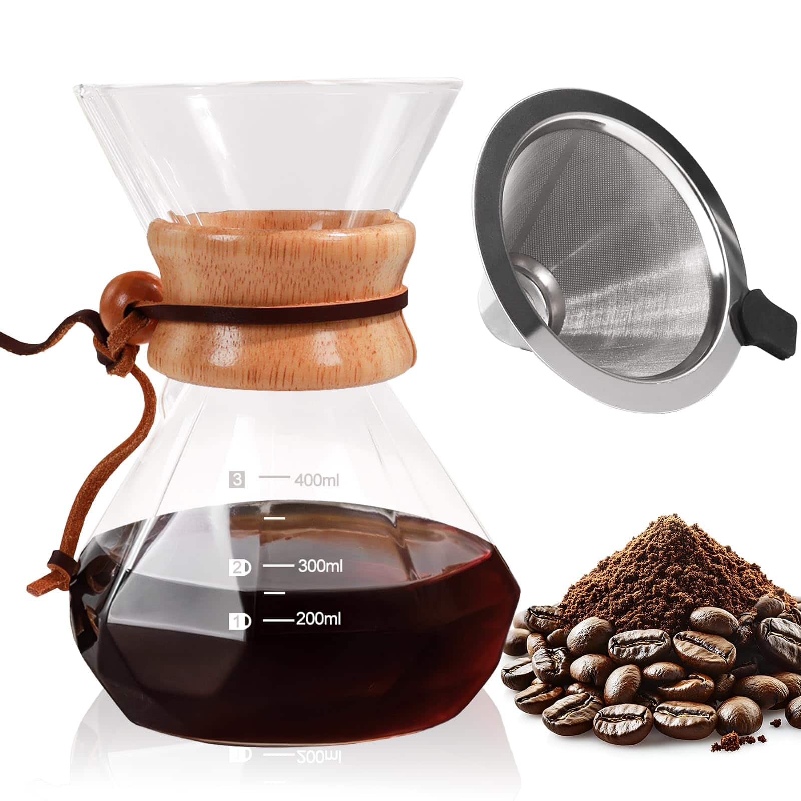 Dapper Styles - Pour Over Coffee Maker With 304 Stainless Steel Filter And Wooden Collar Holder Borosilicate Glass Drip Cof - 400 ml