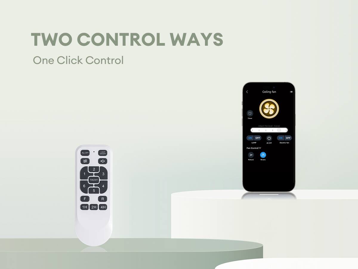 TWO CONTROL WAYS  
One Click Control

Ceiling fan  
- ON OFF  
- LAMP  
- ALL OFF  
- Electric fan  
- Fan Control  
- 1H 2H 4H