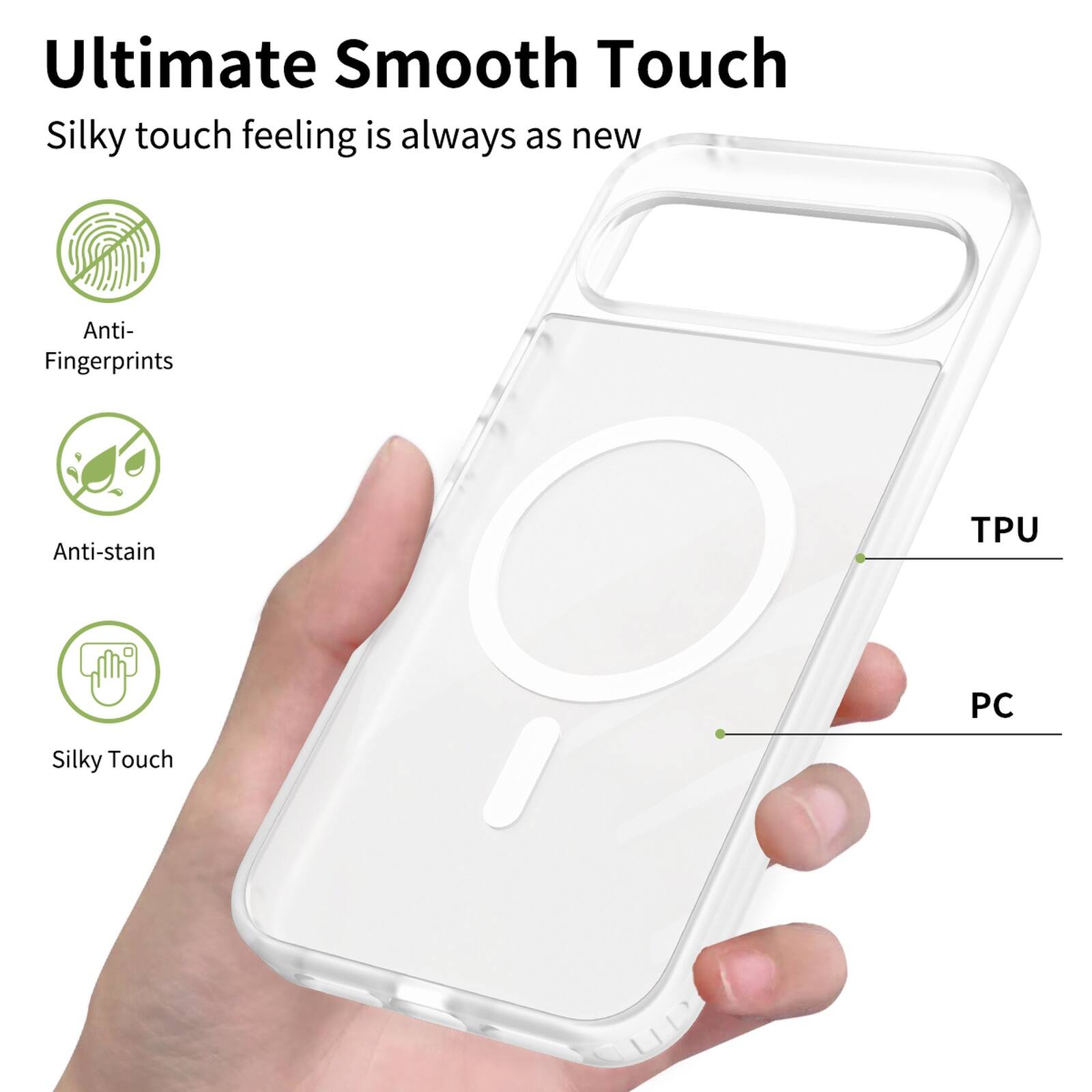 Ultimate Smooth Touch  
Silky touch feeling is always as new  

Anti-Fingerprints  
Anti-stain  
TPU  
PC  
Silky Touch