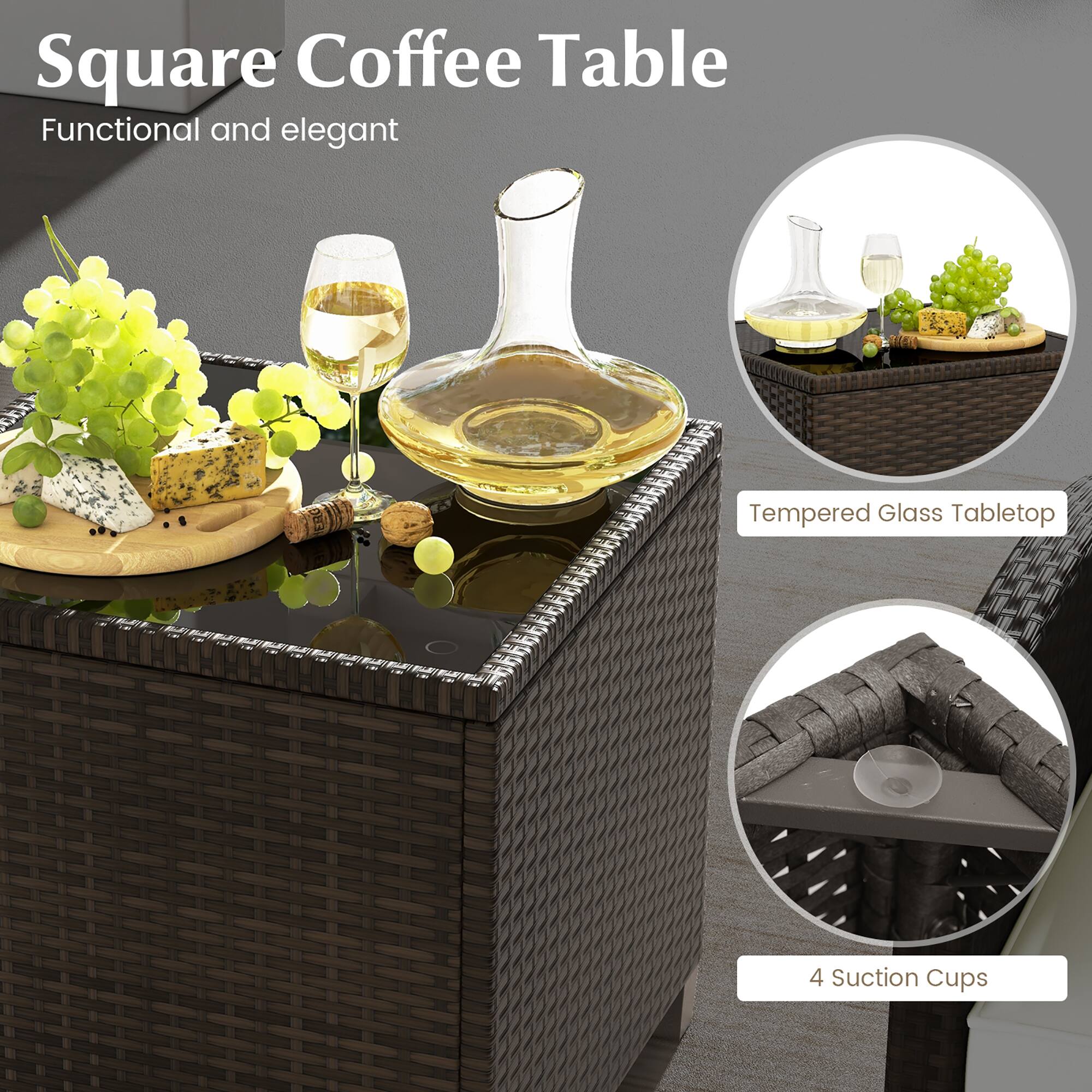 Square Coffee Table Functional and elegant Tempered Glass Tabletop 4 Suction Cups