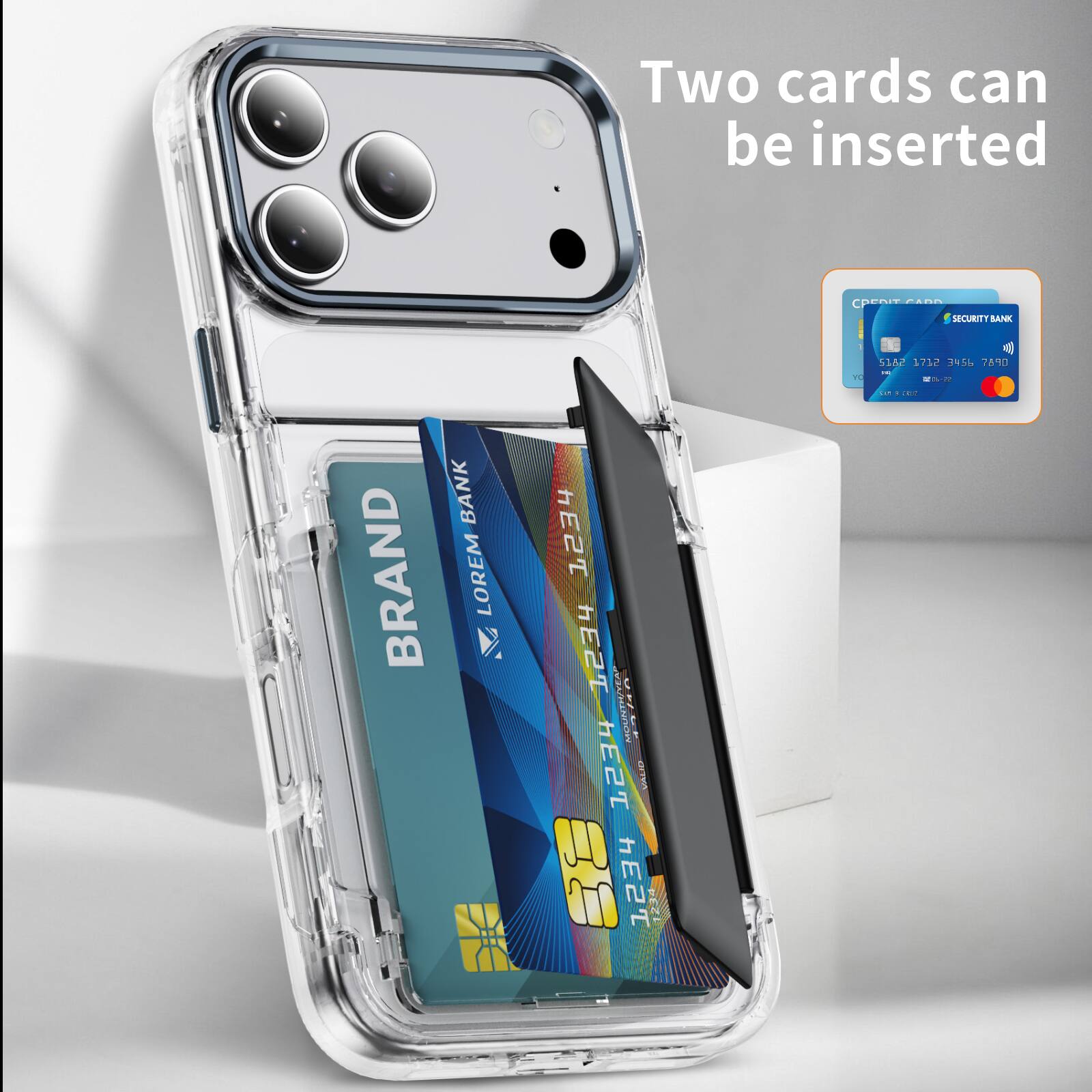 Two cards can be inserted.

CPD CANN SECURITY BANK

LOREM 1234 5678 9012 3456

VALID 12/24

AAR BANK

LOREM 1234 5678 9012 3456

VALID 12/24