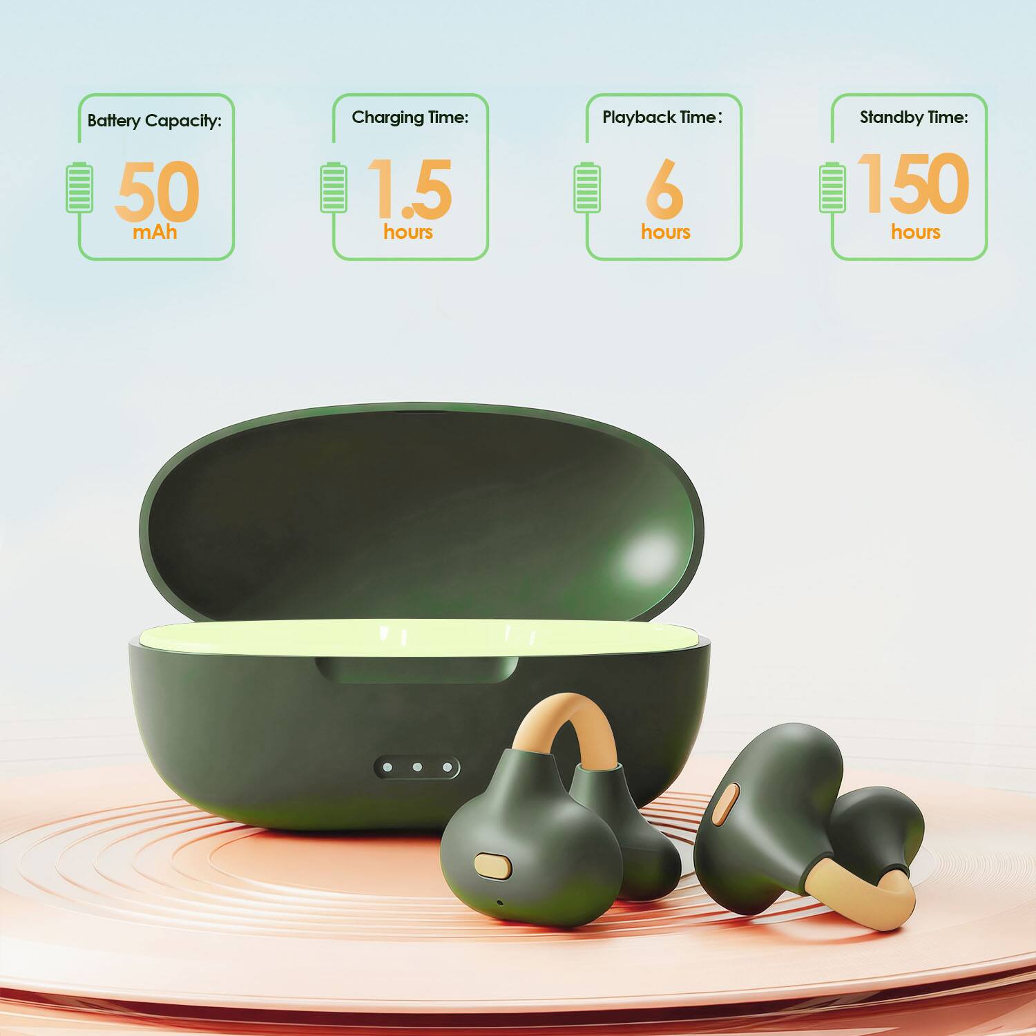 Battery Capacity: 50 mAh  
Charging Time: 1.5 hours  
Playback Time: 6 hours  
Standby Time: 150 hours