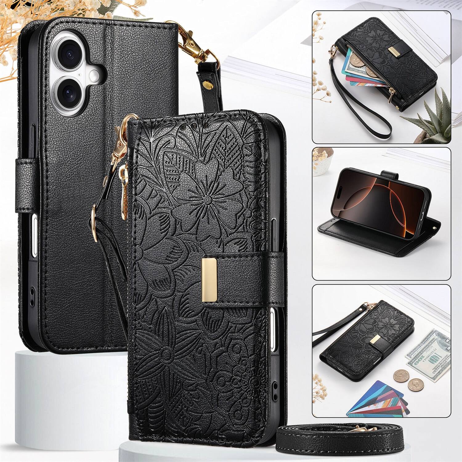Angle. Dteck - Floral Embossed Leather Zipper Cash Slot Wallet Case for Apple iPhone 17 with Detachable Strap - Black.