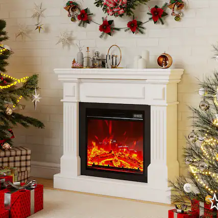 Front. Fehokinch - 35" White Electric Fireplace Mantel with Realistic 3D Flames, Remote Control & 1500W Heater - White.