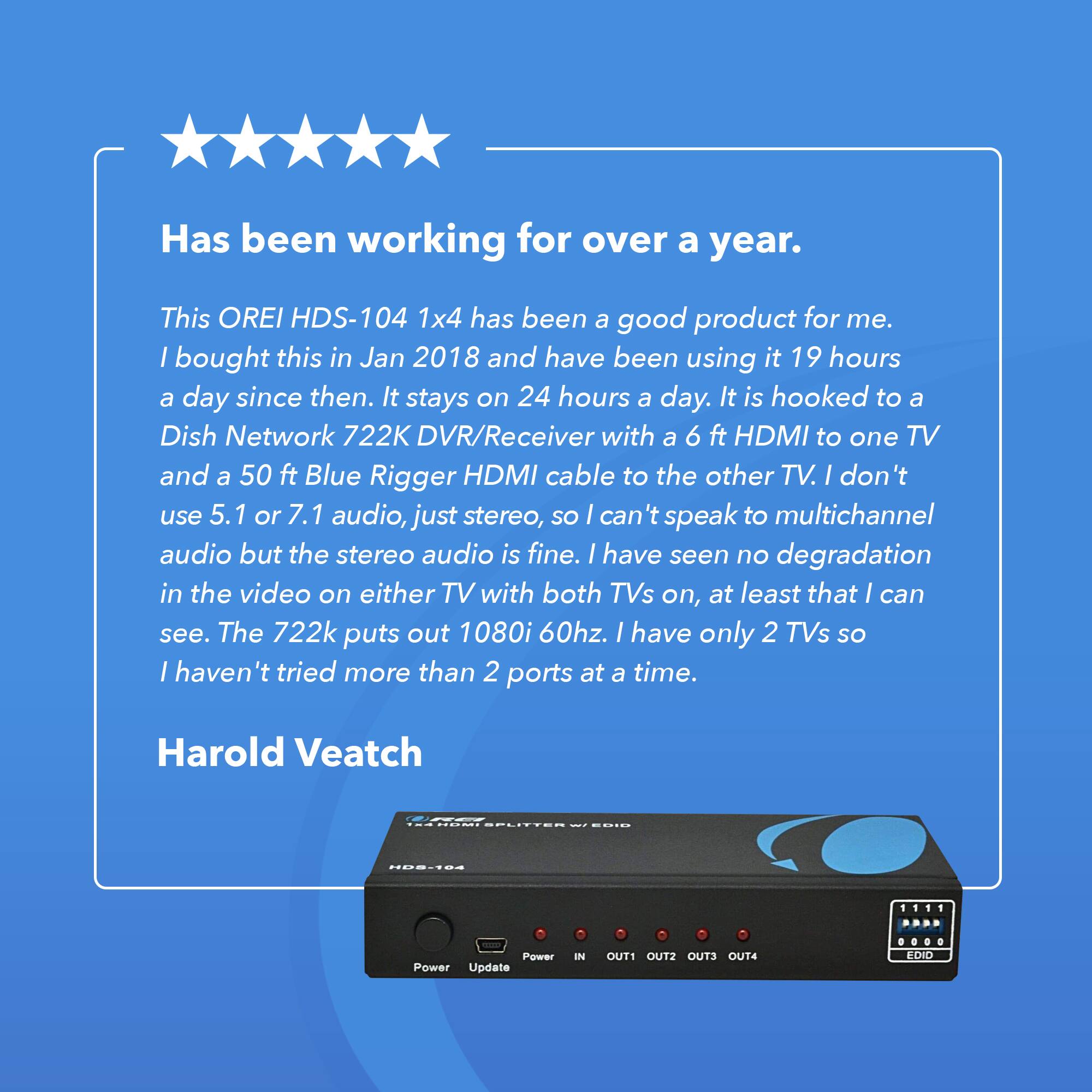 Has been working for over a year.

This OREI HDS-104 1x4 has been a good product for me. I bought this in Jan 2018 and have been using it 19 hours a day since then. It stays on 24 hours a day. It is hooked to a Dish Network 722K DVR/Receiver with a 6 ft HDMI to one TV and a 50 ft Blue Rigger HDMI cable to the other TV. I don't use 5.1 or 7.1 audio, just stereo, so I can't speak to multichannel audio but the stereo audio is fine. I have seen no degradation in the video on either TV with both TVs on, at least that I can see. The 722K puts out 1080i 60Hz. I have only 2 TVs so I haven't tried more than 2 ports at a time.

Harold Veatch