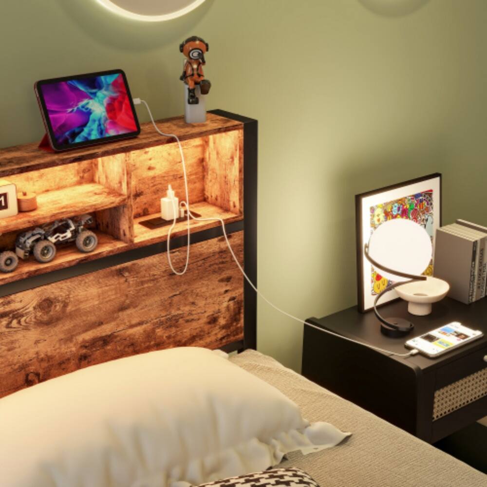 Back. LUCKY ONE - Twin Size Bed Frame with Storage Headboard, USB Charging Station, Bookcase, RGB LED Lights, Metal Slats, No Box Spring - Brown.