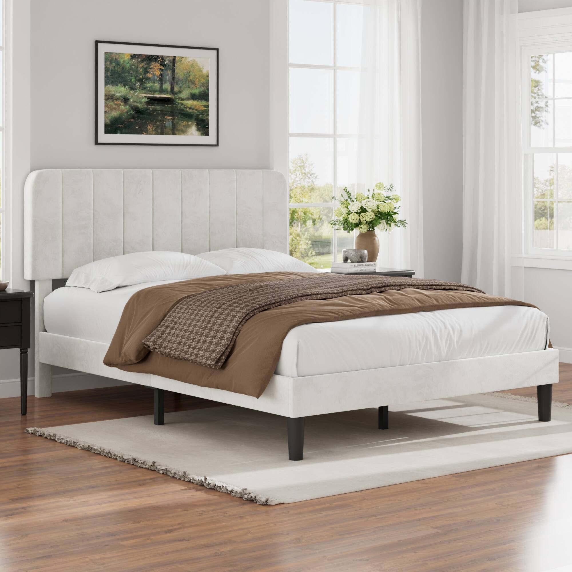 Alt View 2. Vecelo - Queen Bed Frame w/ Padded Headboard & Platform, Reinforced Wood Slats - No Box Spring, Velvet Dark Blue - Easy Assembly - White.