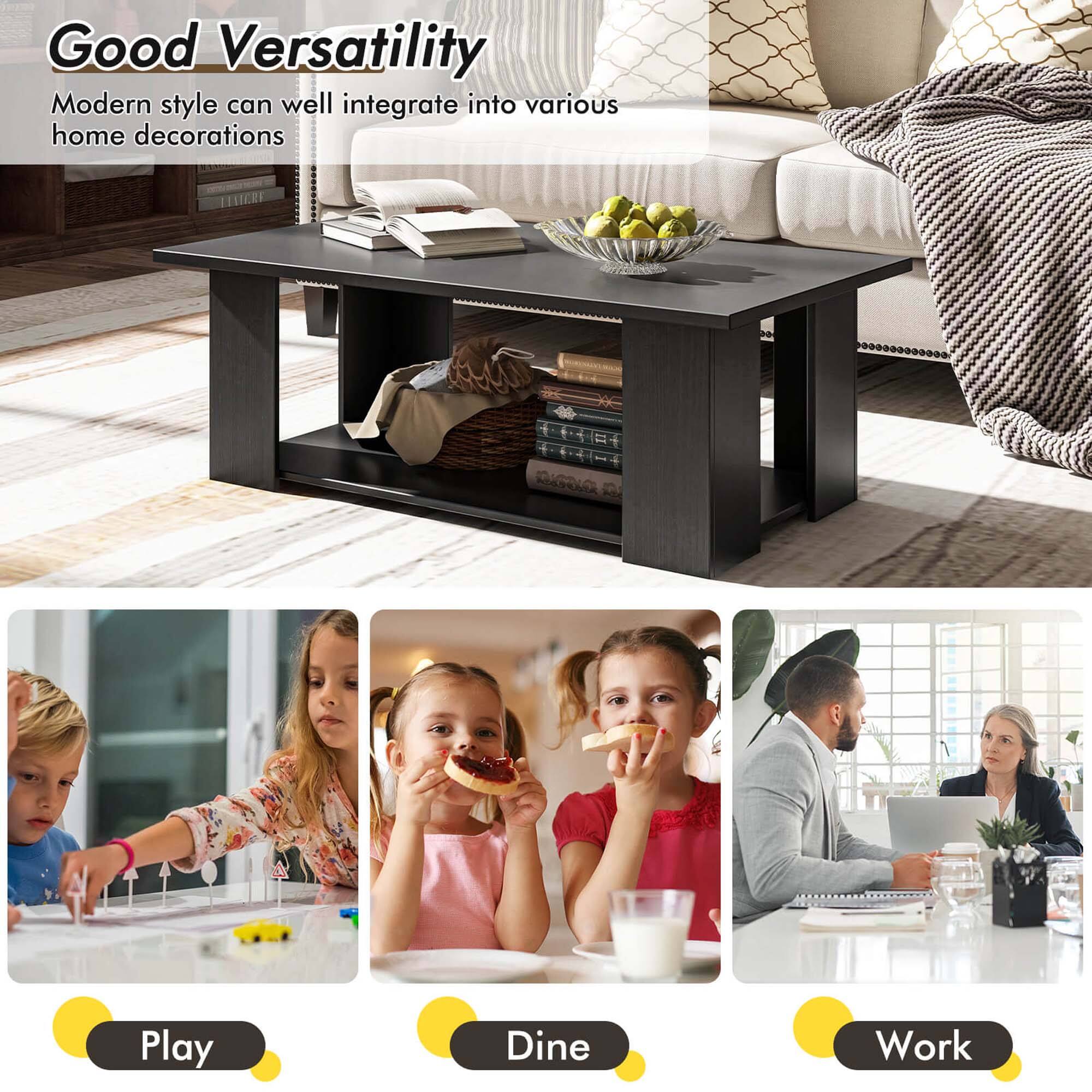 Good Versatility: Modern style can well integrate into various home decorations. A Play, Dine, Work image shows a family enjoying their time together.