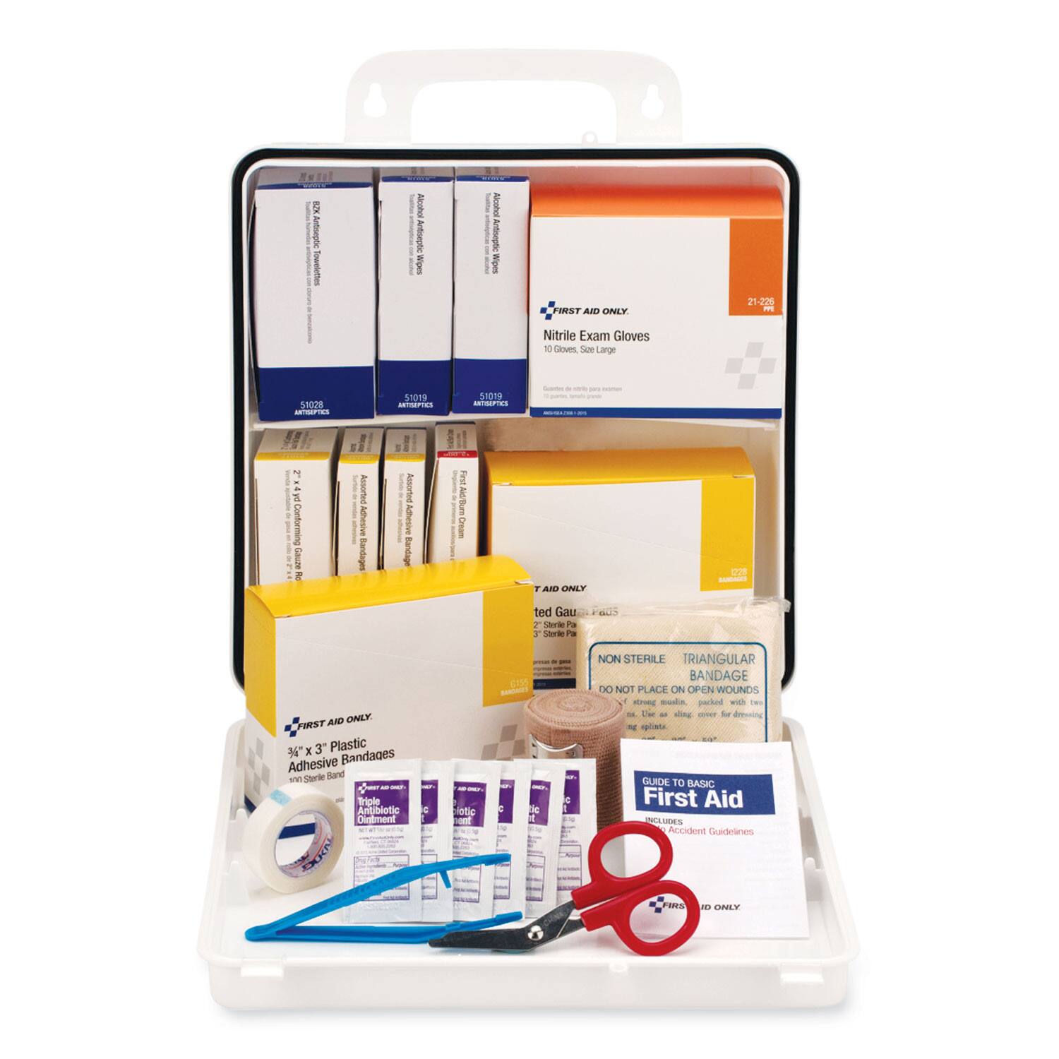 FIRST AID ONLY

226 Nitrile Exam Gloves
10 Gloves, Size Large

51028
ANTIBIOTICS

51019
ANTIBIOTICS

51019
ANTIBIOTICS

Conforming Adhesive Bandages Assorted
Adhesive Bandage

3/4" x 3" Plastic Adhesive Bandages
Sterile Bandage
Triple Antibiotic Ointment

NON STERILE TRIANGULAR BANDAGE
DO NOT PLACE ON OPEN WOUNDS

GUIDE TO BASIC First Aid
Accident Guidelines