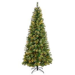 BreeBe - 8’ Wisconsin Slim Snow Tip Pine Christmas Tree w/600 LEDs - White, Green