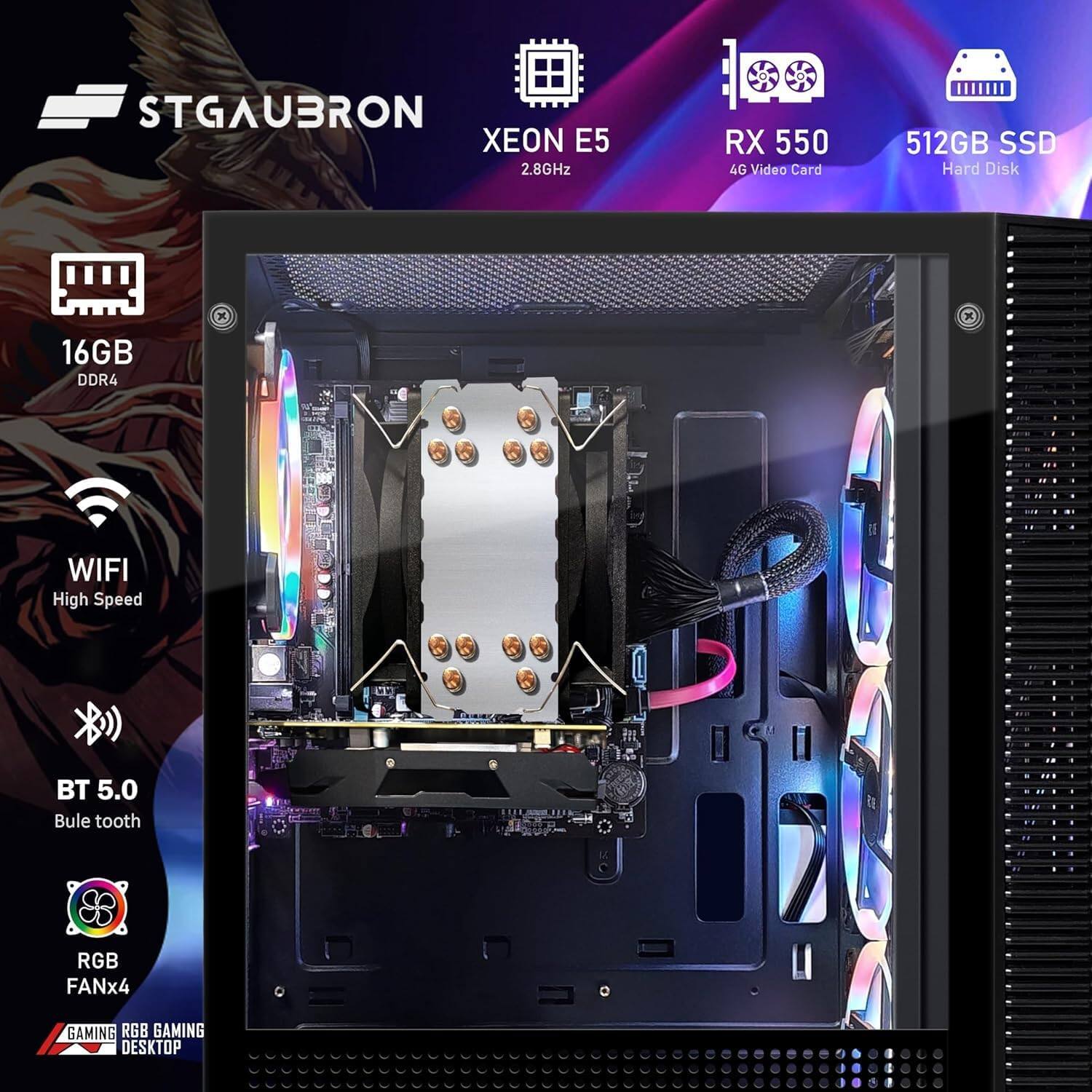 STGAUBRON XEON E5 2.8GHz RX 550 4G Video Card 512GB SSD Hard Disk 16GB DDR4 x X WIFI High Speed BT 5.0 Bluetooth RGB FANx4 GAMING RGB GAMING DESKTOP
