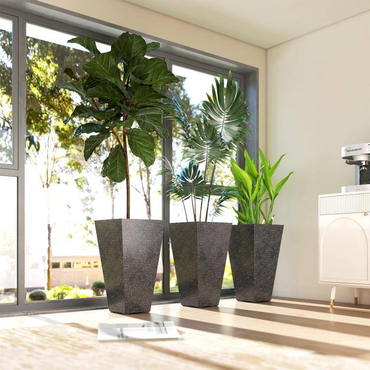 Alt View 9. PULUZ - 28 inch Tall Planters, Set of 3 Plastic Flower Pots with Marble Finish and Drainage Holes, Stackable Taper Planters - Black.