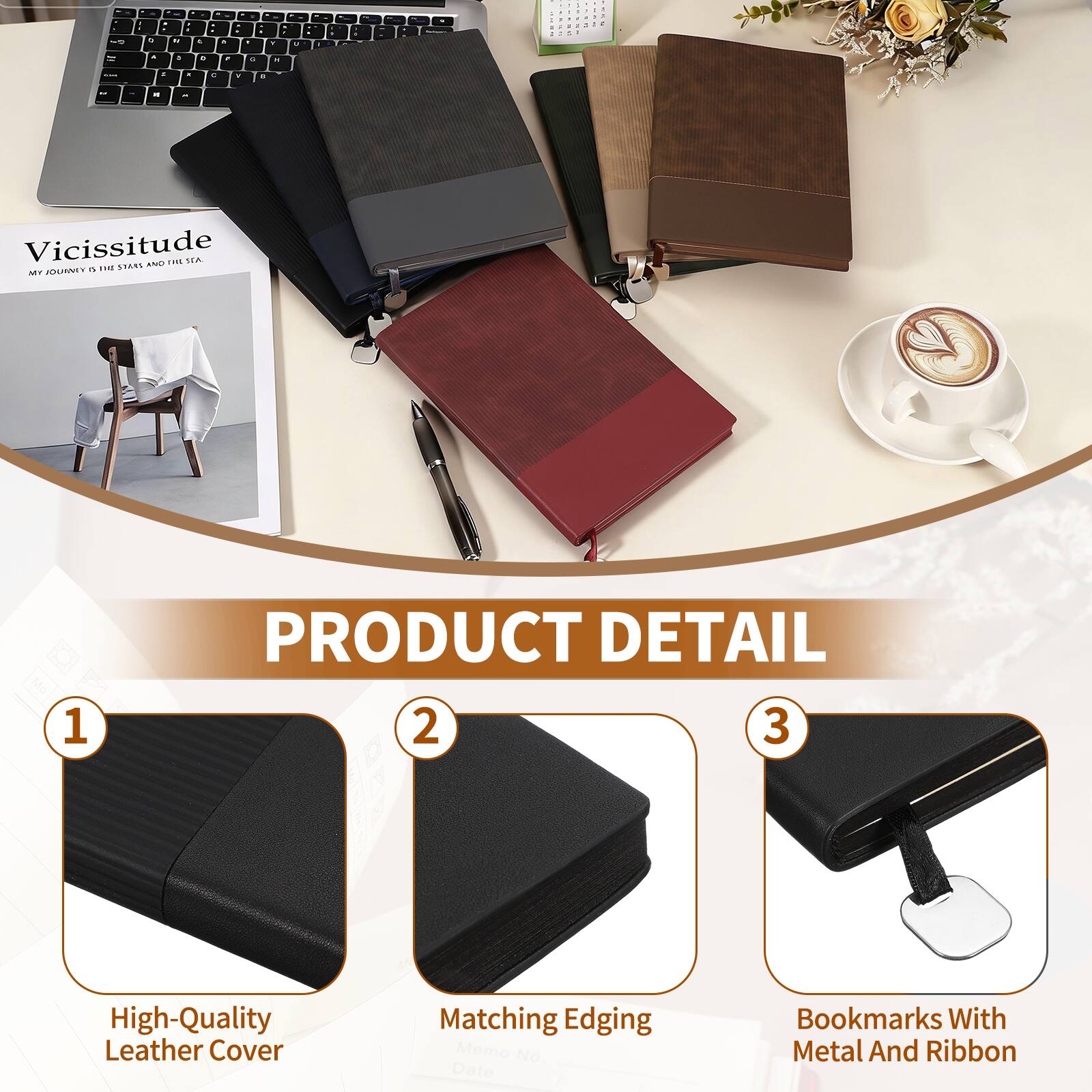 Vicissitude

MY JOURNEY IS THE STARS AND THE SEA

PRODUCT DETAIL

1. High-Quality Leather Cover
2. Matching Edging
3. Bookmarks With Metal And Ribbon