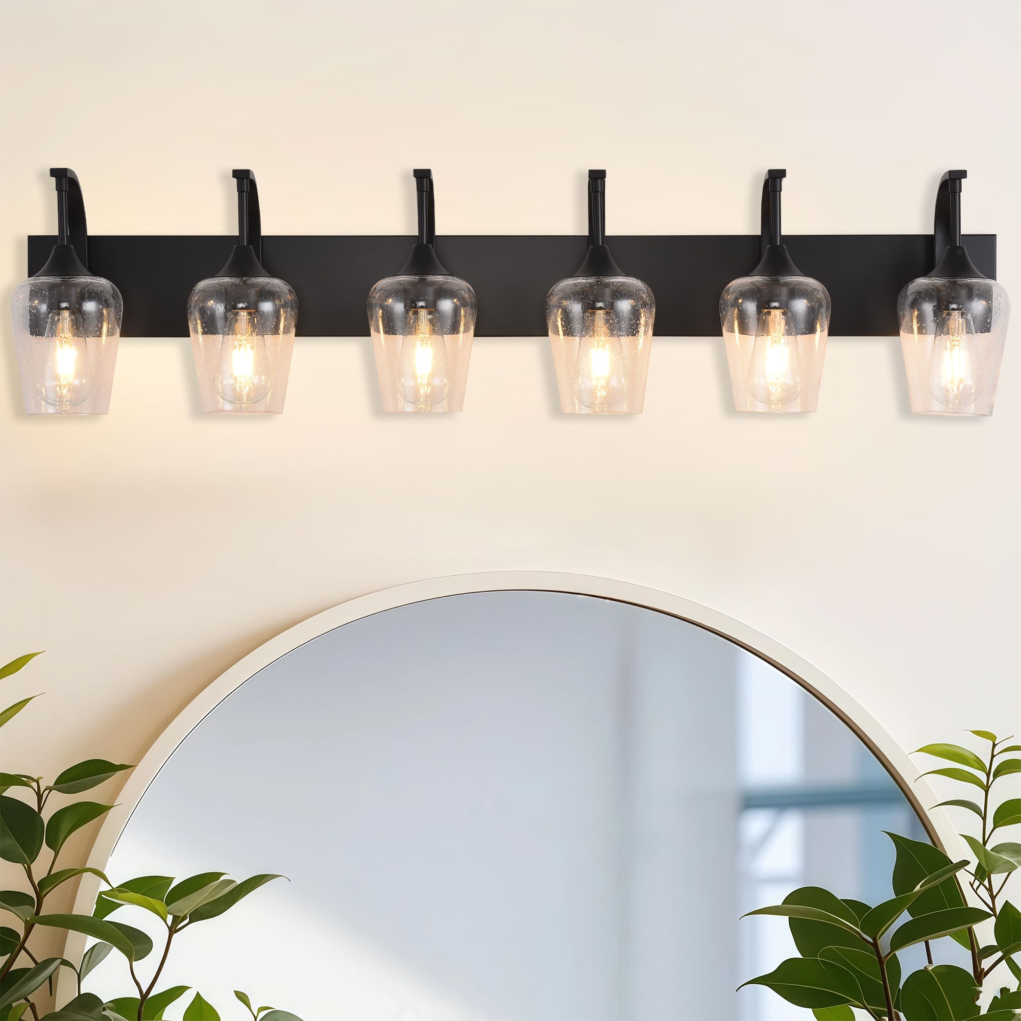 Front. RYHNUYNE - Black Bathroom Light Fixtures,6-Light Industrial Vanity Light with Clear Glass Shades,Bathroom Wall Lamp Over Mirror - Black.