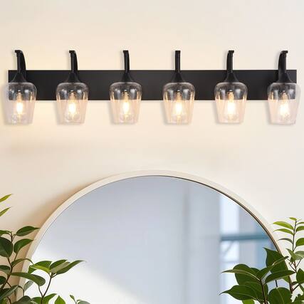 Front. RYHNUYNE - Black Bathroom Light Fixtures,6-Light Industrial Vanity Light with Clear Glass Shades,Bathroom Wall Lamp Over Mirror - Black.