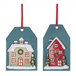 BreeBe - Winter House Tag Ornament (Set of 6) - Red, Blue