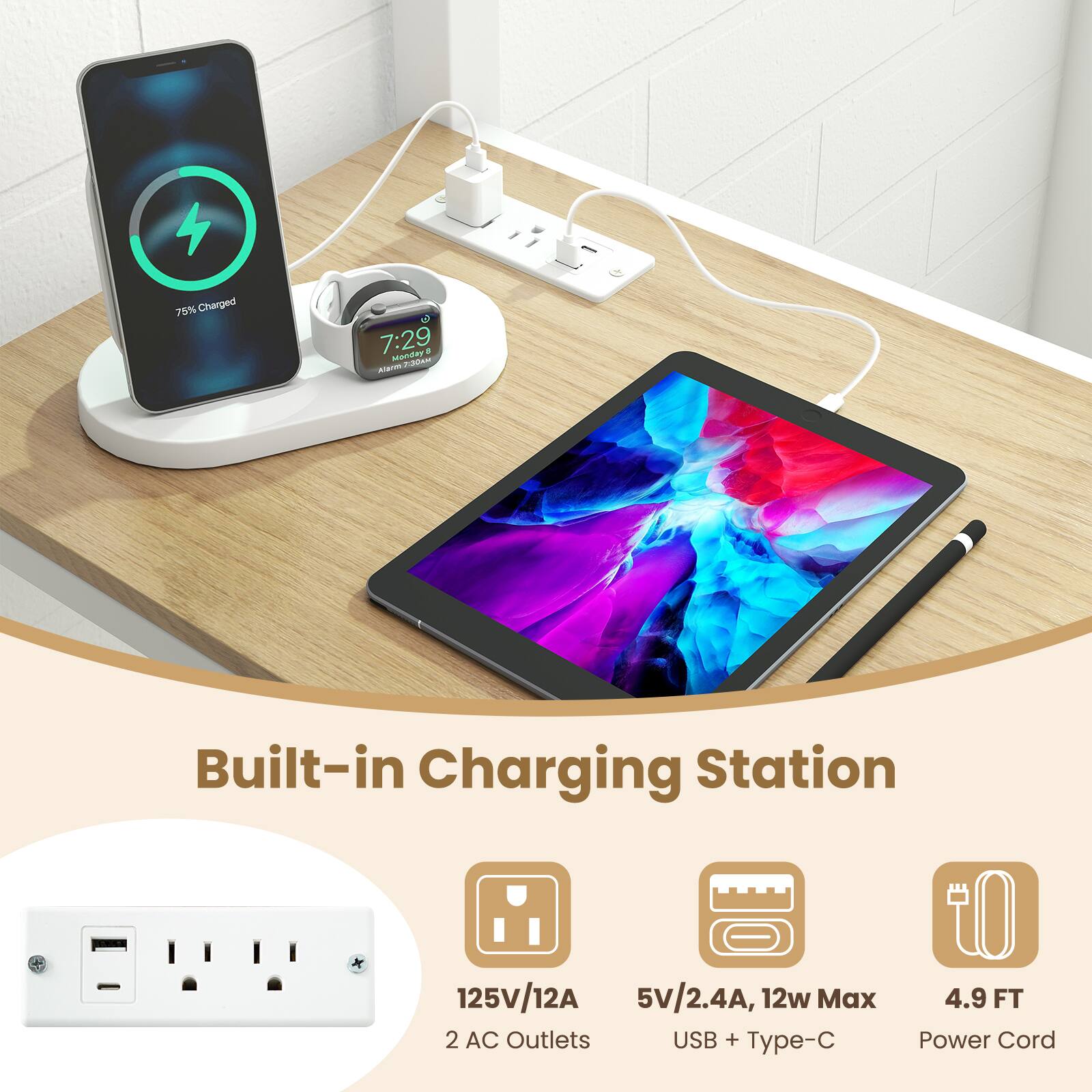 75% Charged  
7:29  
Monday, April 8  
Alarm 7:30 AM  

Built-in Charging Station  
125V/12A  
5V/2.4A, 12w Max  
2 AC Outlets  
USB + Type-C  
4.9 FT Power Cord