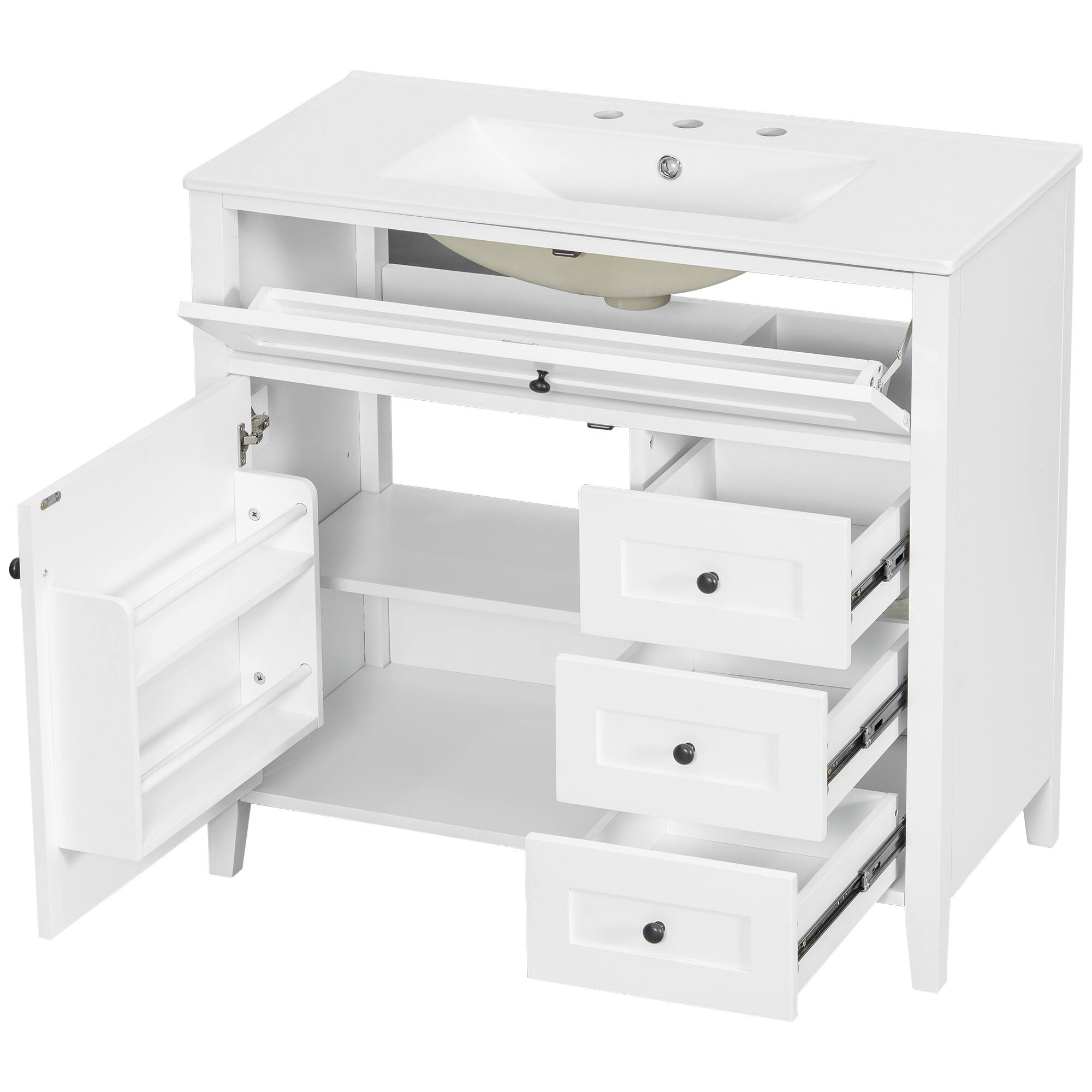 Alt View 1. Whisen - 36 Inch Bathroom Vanity with Ceramic Sink Combo Modern 3 Drawer 1 Door Storage Cabinet Freestanding - White.