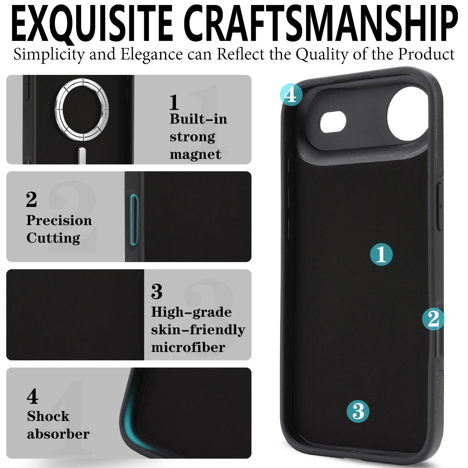EXQUISITE CRAFTSMANSHIP  
Simplicity and Elegance can Reflect the Quality of the Product

1. Built-in strong magnet  
2. Precision Cutting  
3. High-grade skin-friendly microfiber  
4. Shock absorber