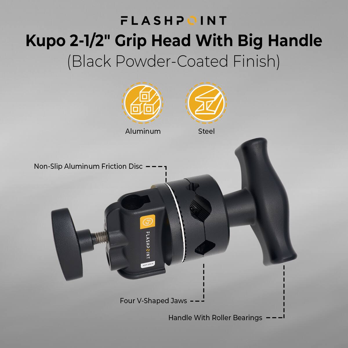 FLASHPOINT Kupo 2-1/2" Grip Head With Big Handle (Black Powder-Coated Finish) Aluminum Steel Non-Slip Aluminum Friction Disc Four V-Shaped Jaws Handle With Roller Bearings