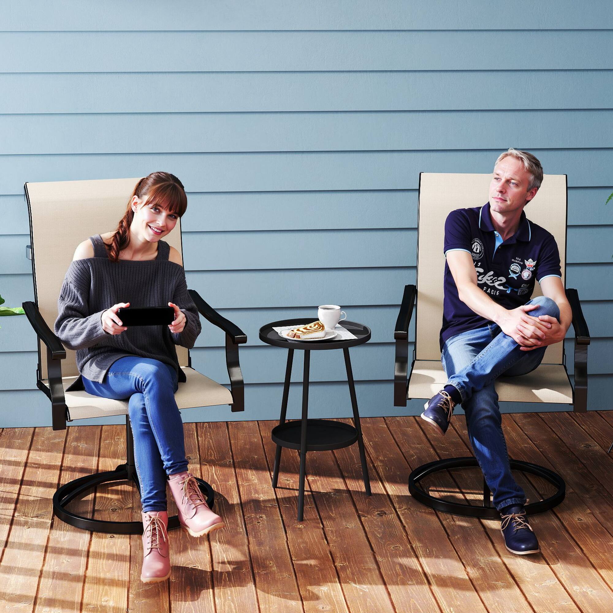 Alt View 1. Outsunny - Outdoor Patio Swivel Chairs Set of 2, High Back Patio Dining Chairs with All-Weather Mesh Fabric and Metal Frame - Beige.