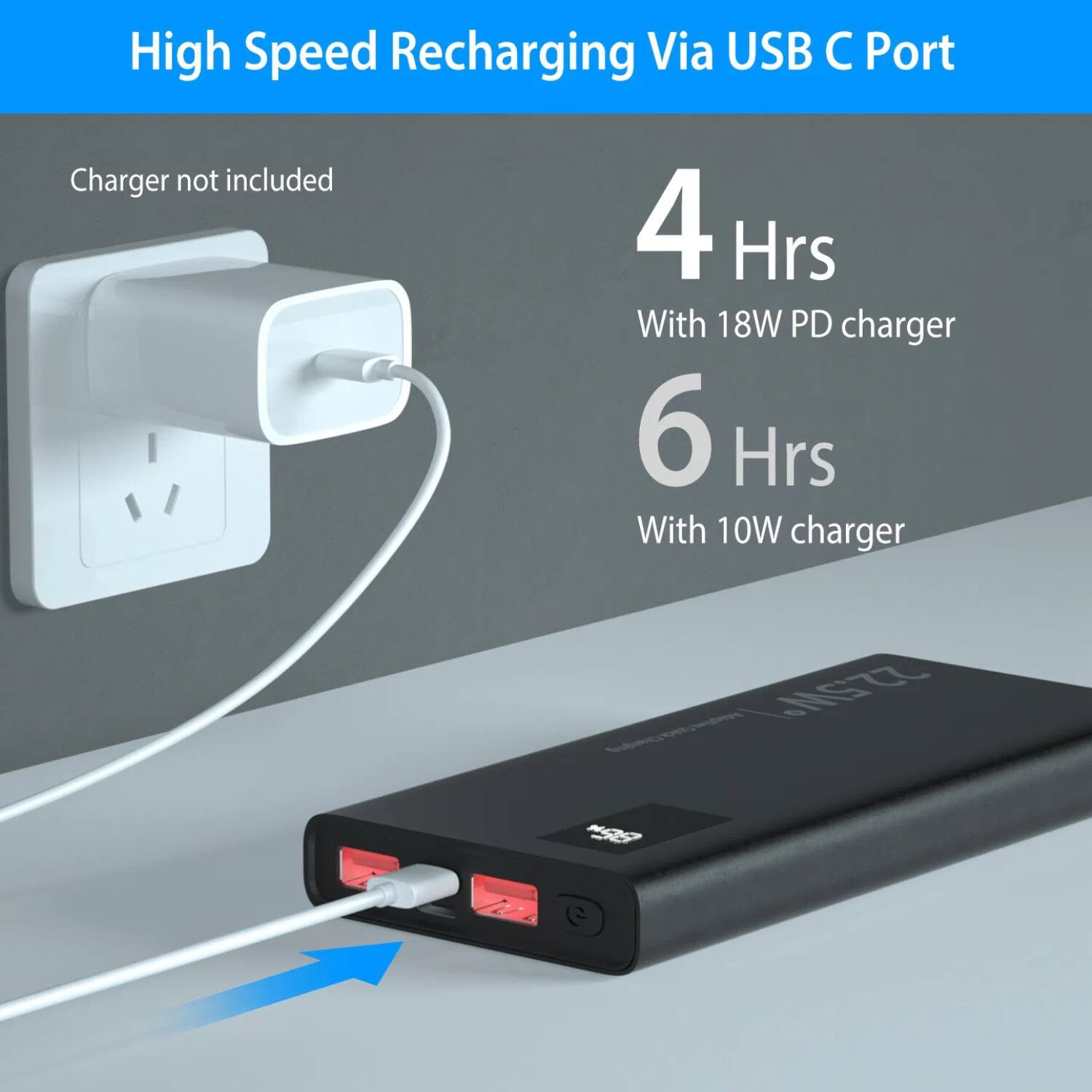 High Speed Recharging Via USB C Port

Charger not included

4 Hrs
With 18W PD charger

6 Hrs
With 10W charger