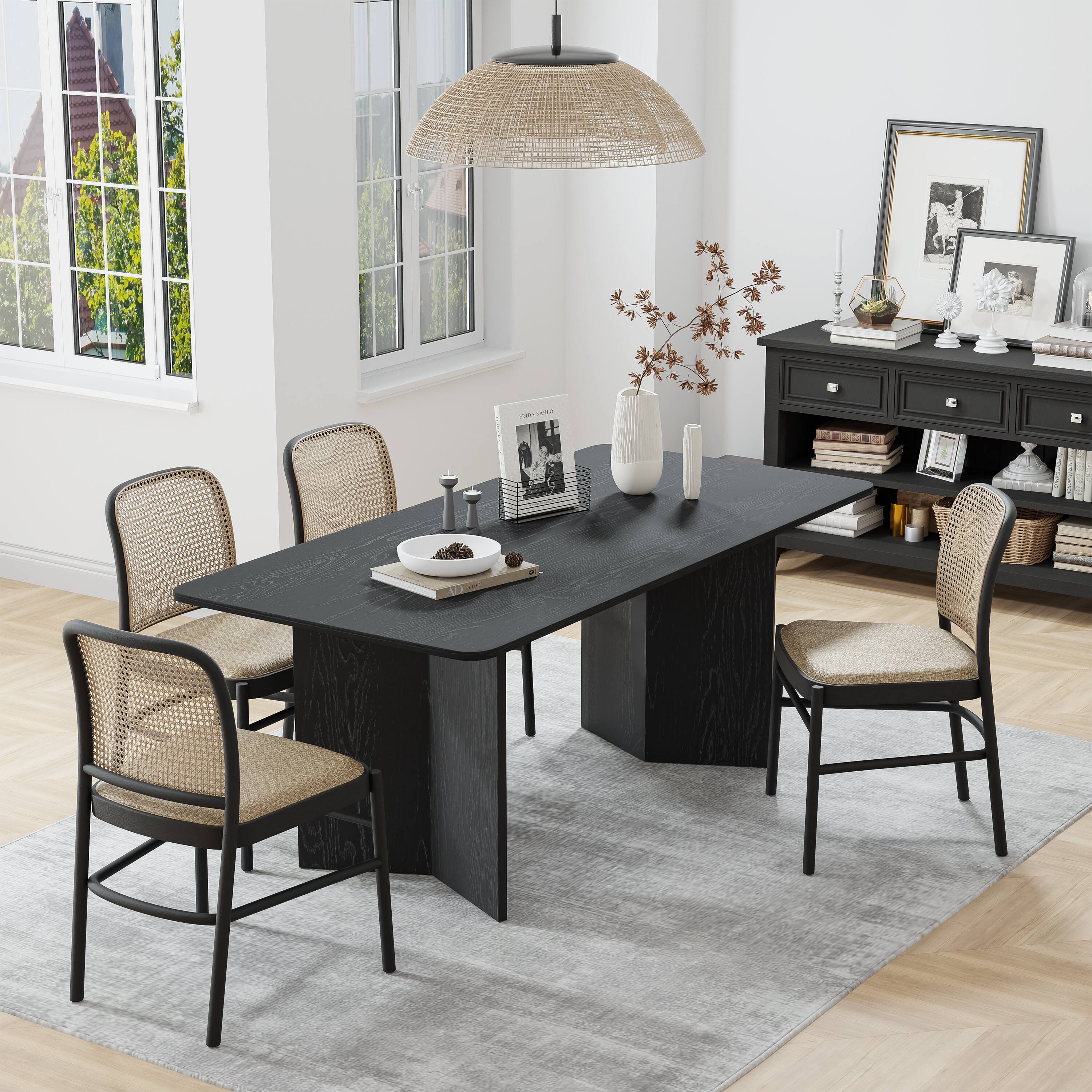 Alt View 3. PexFix - Minimalist Farmhouse Oak Dining Table | Rectangle Solid Wood, Double Pedestal Base for 6, 67-Inch - Black.