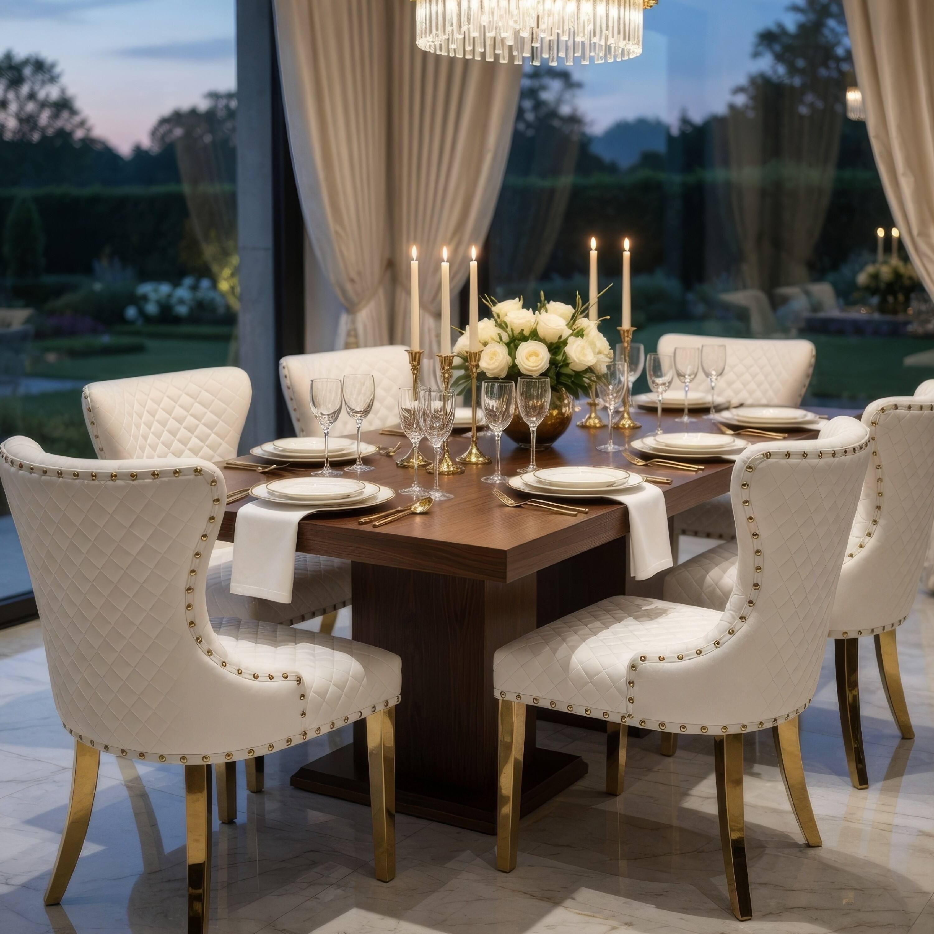 Alt View 5. Manhattan Lane - Anova Dining Side Chair Set of 2, Diamond Pattern White Seat, Gold Leg - White, Gold.