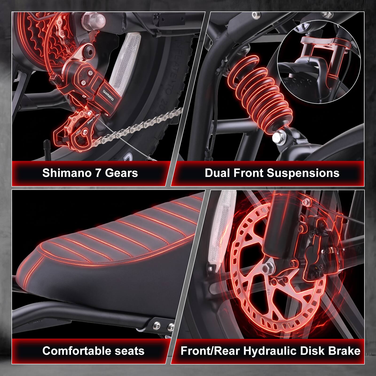 SUIRAnO DELATENTO 20  
Shimano 7 Gears  
Dual Front Suspensions  
Comfortable seats  
Front/Rear Hydraulic Disk Brake