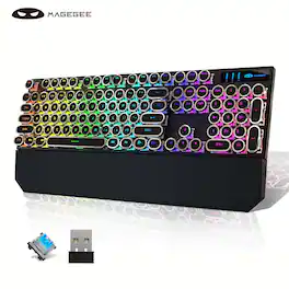 MageGee - tri-mode BT5.0/2.4G/Type-C Typewriter Mechanical Gaming Keyboard Retro Punk Round Keycaps with RGB Rainbow Backlit - Black/Blue
