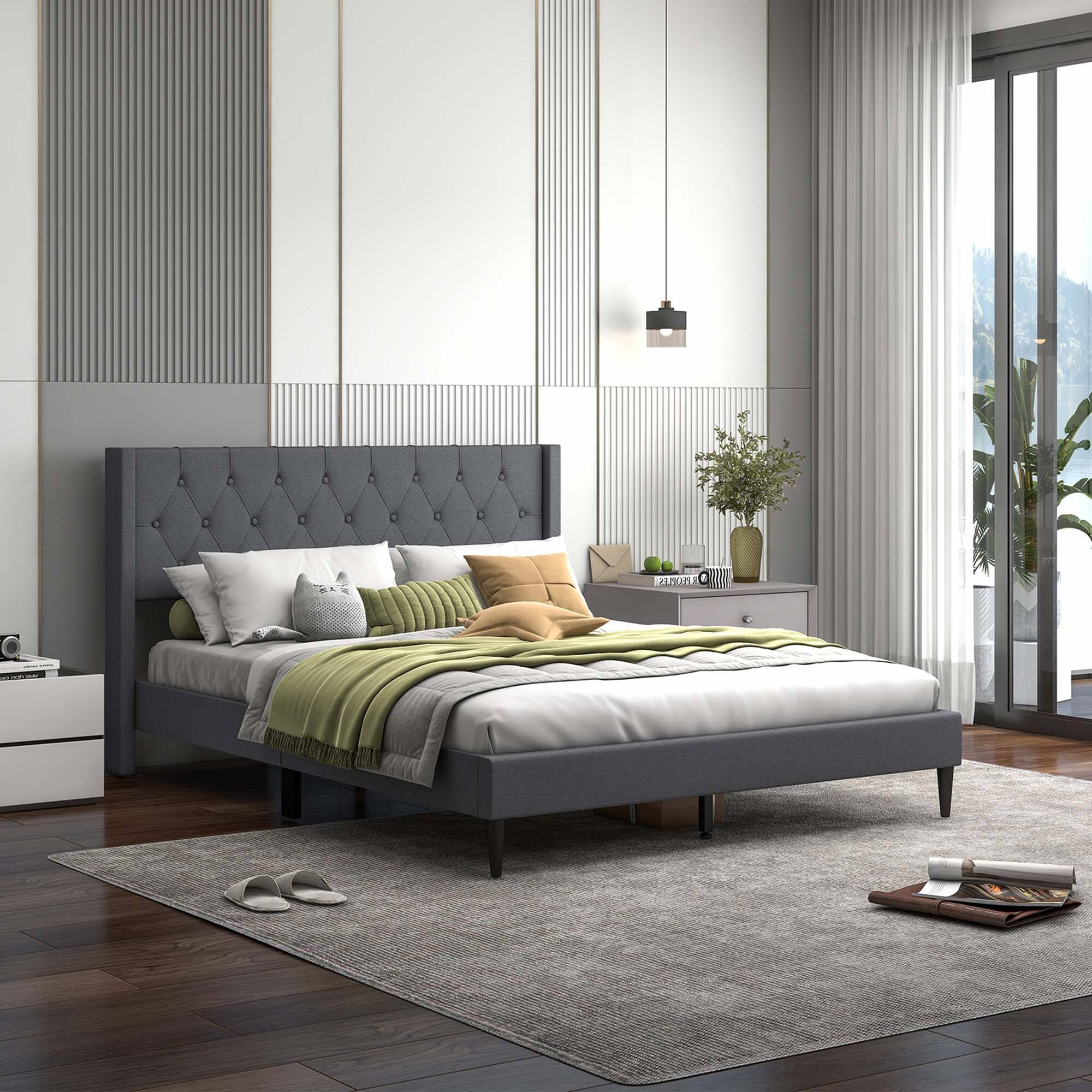 Alt View 9. Costway - Costway Queen Size Upholstered Platform Bed with Button Tufted Wingback Headboard - Grey.