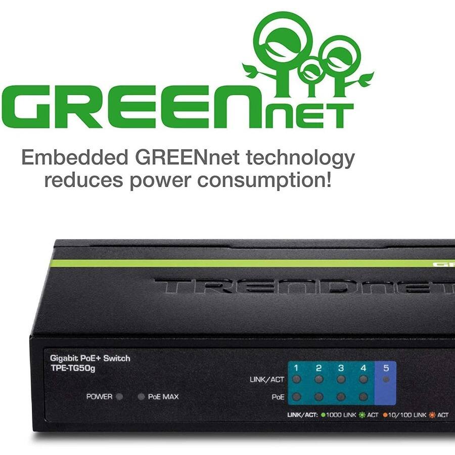 GREENnet Embedded GREENnet technology reduces power consumption!

Gigabit PoE+ Switch TPE-TG50g

POWER PoE MAX

LINK/ACT 1 2 3 4 5

LINK/ACT: 1000 LINK ACT 10/100 LINK ACT