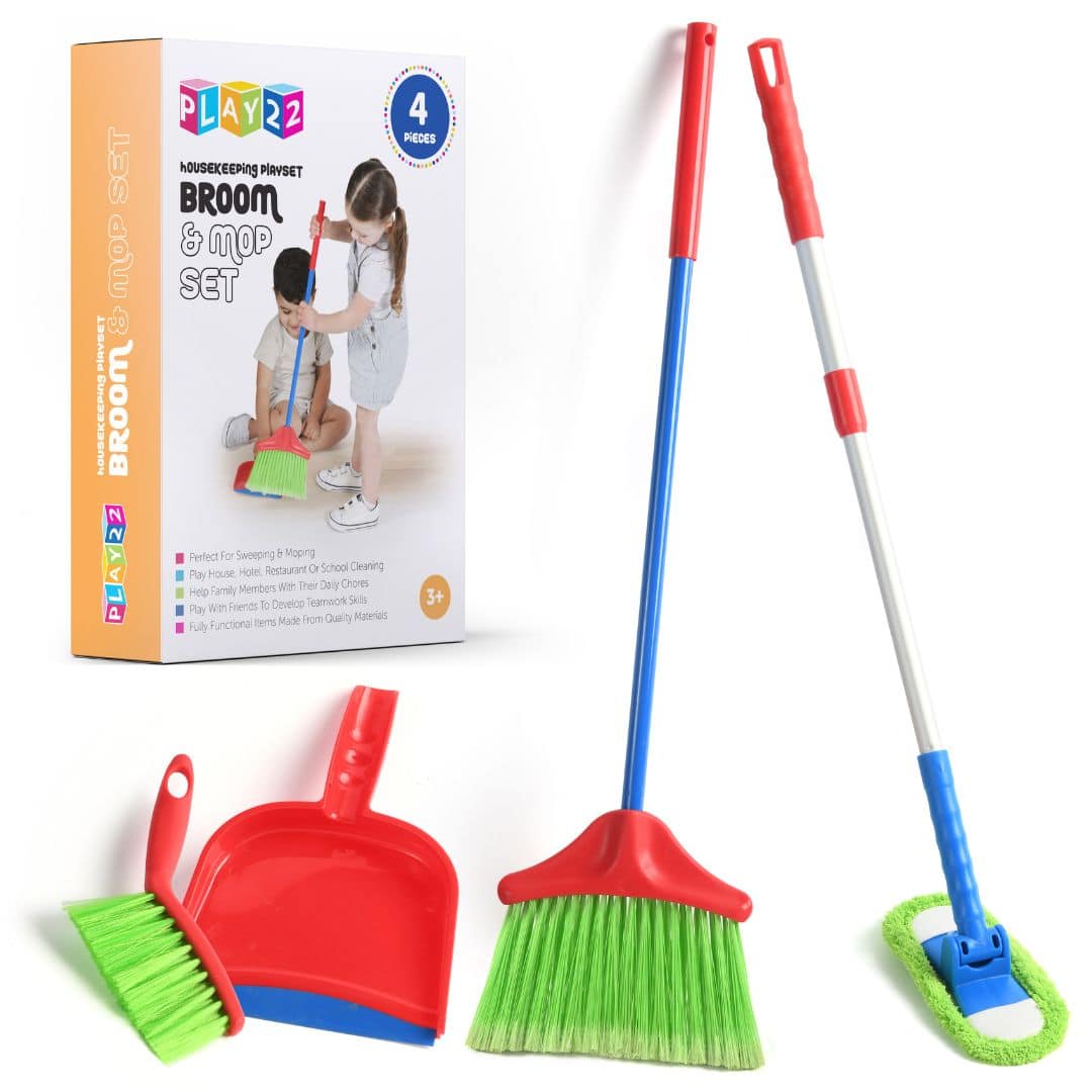 **Broom & Mop Set**

**Housekeeping Playset**

**Broom & Mop Set**

**4 Pieces**

**Perfect for Sweeping & Mopping**

**Play House, Hotel, Restaurant or School Cleaning**

**Help Family Members With Their Daily Chores**

**Play With Friends To Develop Teamwork Skills**

**Fully Functional Items Made from Quality Materials**

**3+**

**Play22**