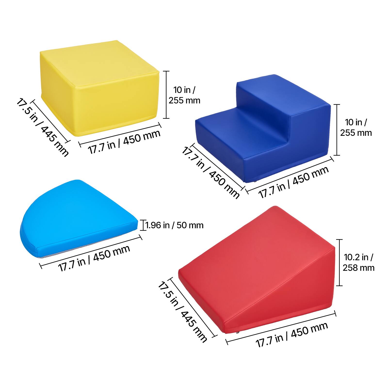 17.5 in / 445 mm  
17.7 in / 450 mm  
10 in / 255 mm  

17.7 in / 450 mm  
17.7 in / 450 mm  
10 in / 255 mm  

17.7 in / 450 mm  
1.96 in / 50 mm  

17.5 in / 445 mm  
17.7 in / 450 mm  
10.2 in / 258 mm