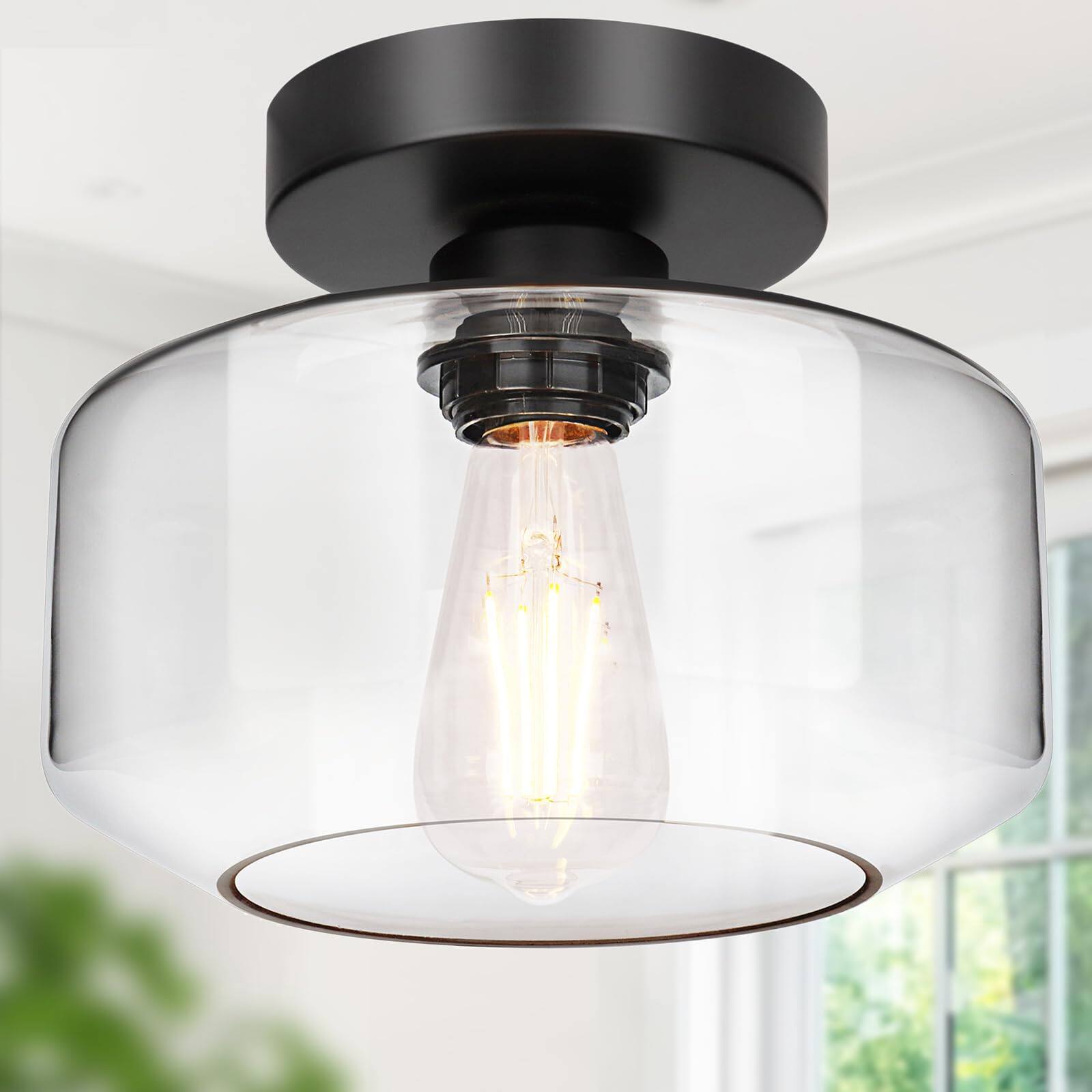 Front. Earthley Blooms - Industrial Semi Flush Mount Ceiling Light Oil Rubbed Bronze Lumen Led Bulb Included Clear Glass Shade Fixtu - Clear Glass (Includes $12 bulb, 2700K, 800LM).