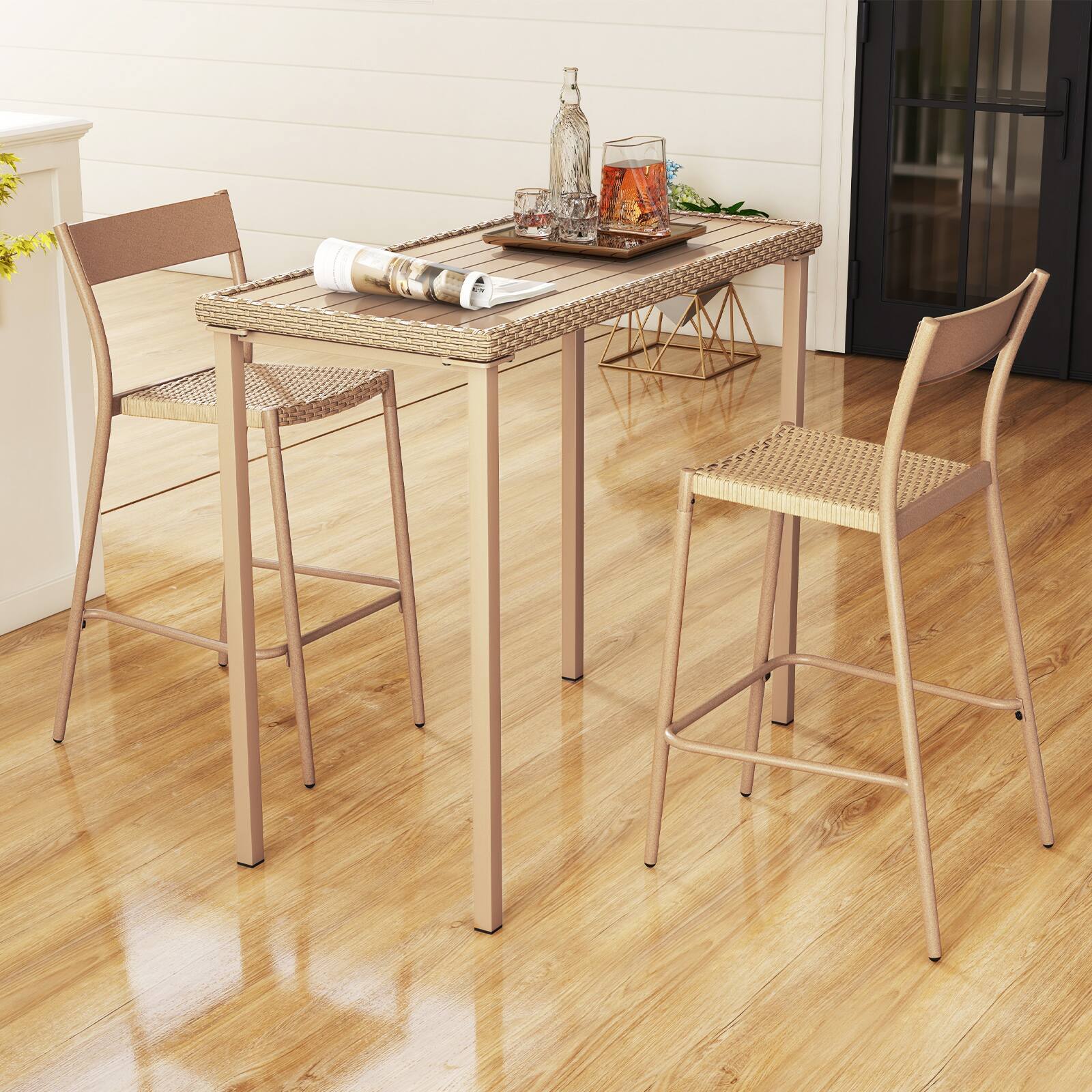 Alt View 3. Gymax - Gymax 3 Pieces Patio Bar Table Set Outdoor Bar Height Table & 2 Armless Chairs - Light Brown.