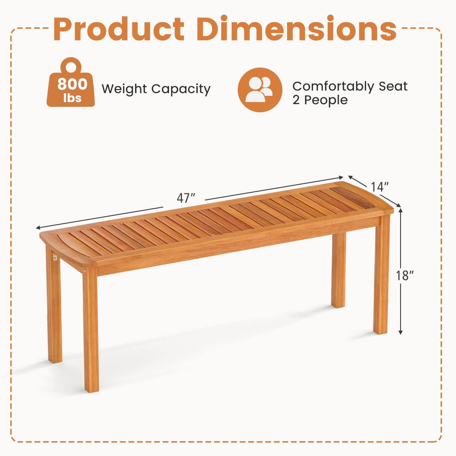Product Dimensions

- Weight Capacity: 800 lbs
- Comfortably Seat 2 People

Dimensions:
- Length: 47"
- Width: 14"
- Height: 18"