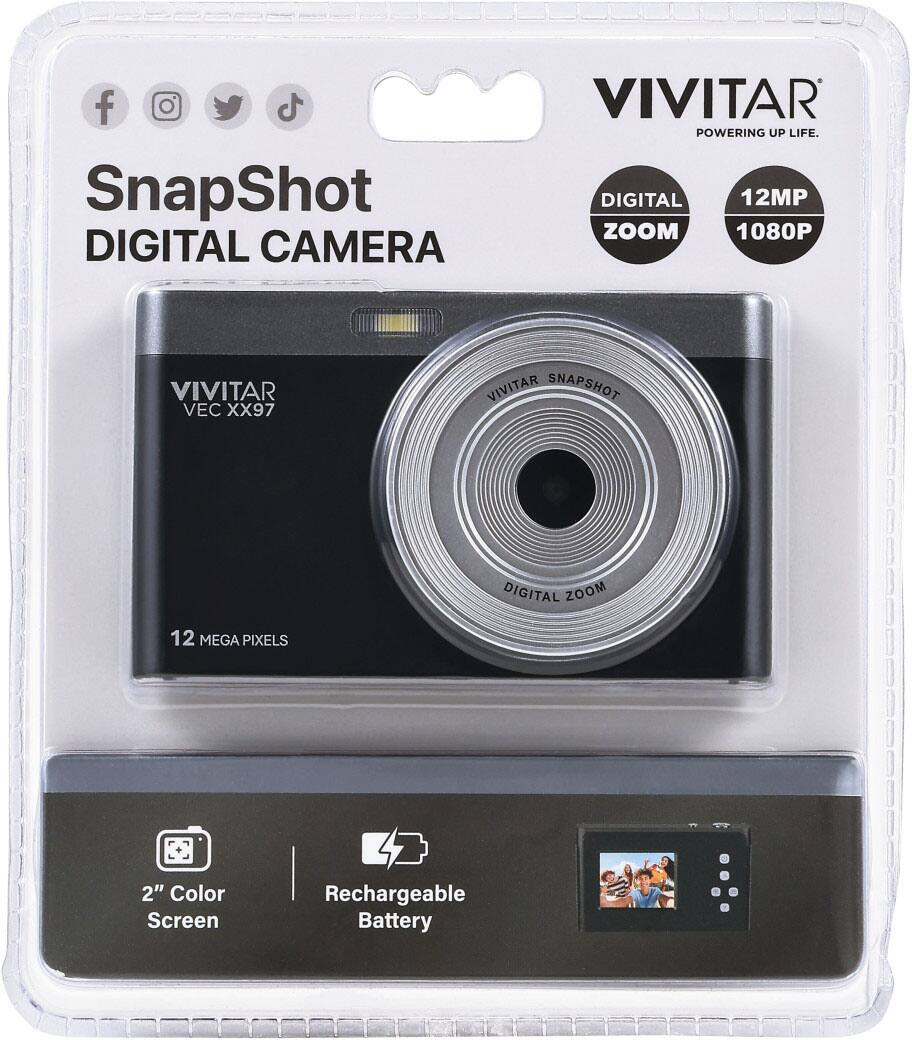 VIVITAR POWERING UP LIFE.  
SnapShot DIGITAL CAMERA  
VIVITAR VEC XX97  
12 MEGA PIXELS  
DIGITAL ZOOM  
1080P  
2" Color Screen  
Rechargeable Battery