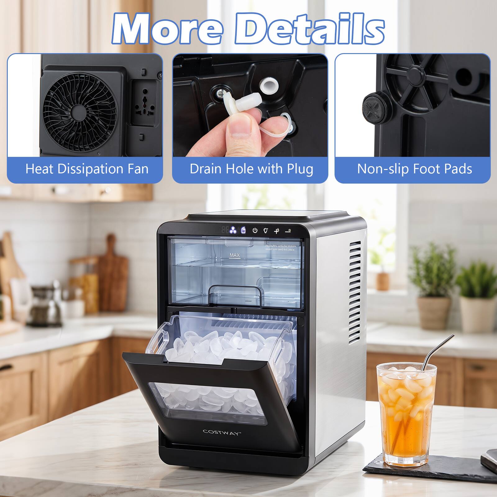 More Details  
Heat Dissipation Fan  
Drain Hole with Plug  
Non-slip Foot Pads  
8 + MAX  
COSTWAY