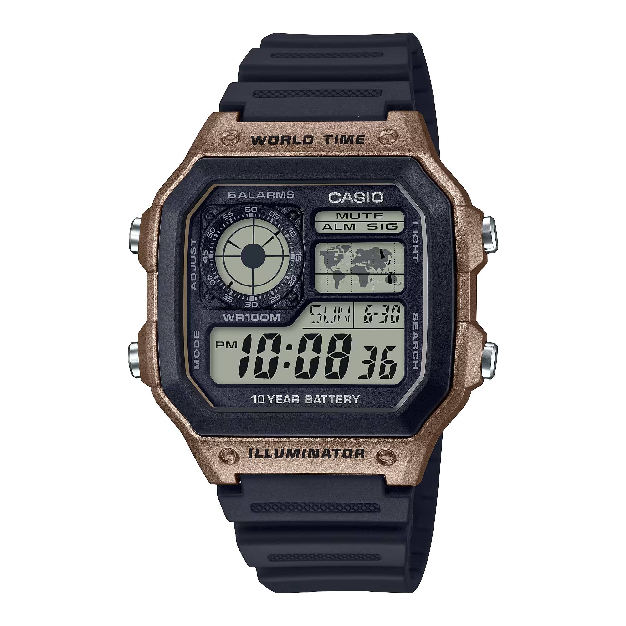 WORLD TIME  
CASIO  
5 ALARMS  
MUTE ALM SIG  
LIGHT ADJUST  
WR100M  
MODE  
10 YEAR BATTERY  
ILLUMINATOR