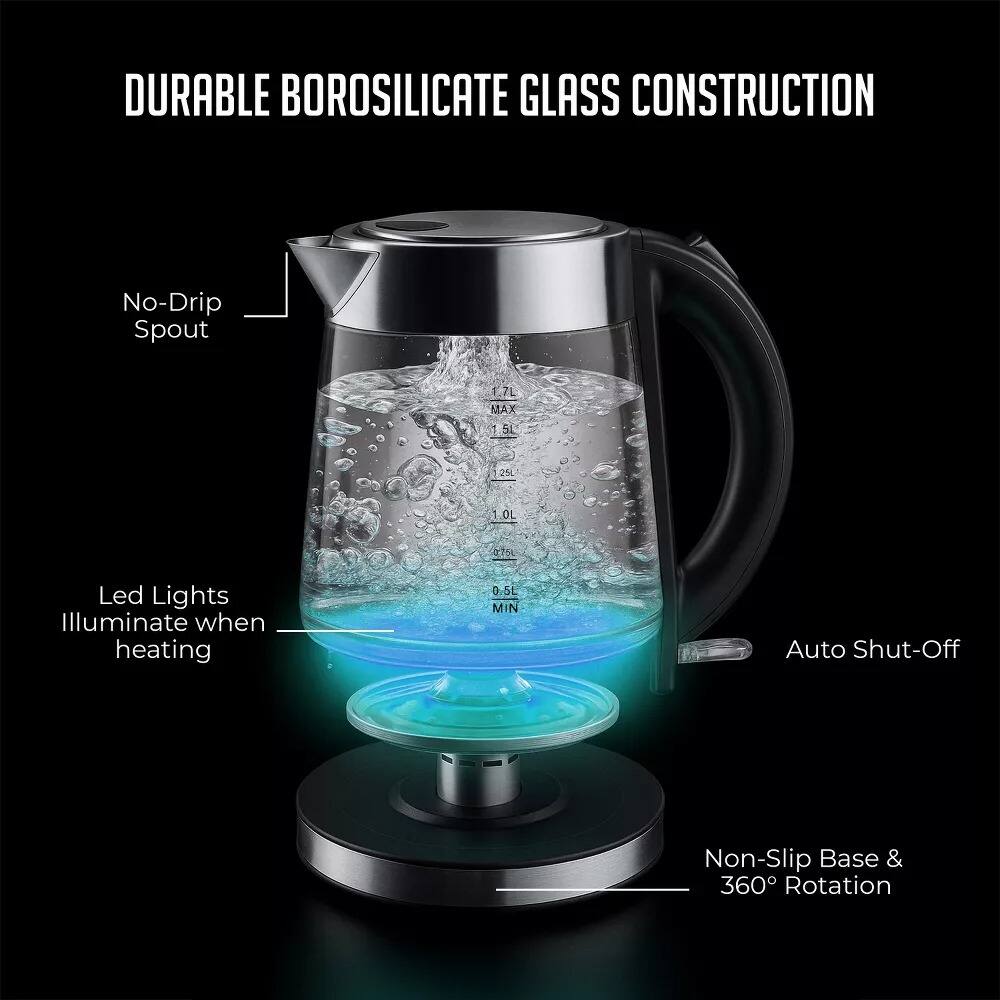 DURABLE BOROSILICATE GLASS CONSTRUCTION

- No-Drip Spout
- 1.7L MAX
- 5L
- 2 1.0L
- 27 Led Lights Illuminate when heating
- 0.5L MIN
- Auto Shut-Off
- Non-Slip Base & 360° Rotation