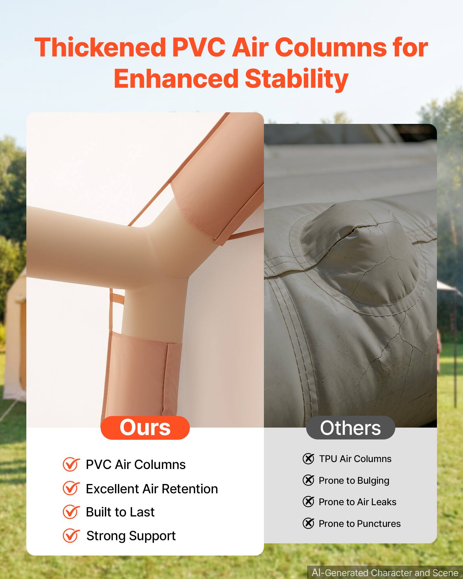 Thickened PVC Air Columns for Enhanced Stability

Ours
- PVC Air Columns
- Excellent Air Retention
- Built to Last
- Strong Support

Others
- TPU Air Columns
- Prone to Bulging
- Prone to Air Leaks
- Prone to Punctures

AI-Generated Character and Scene