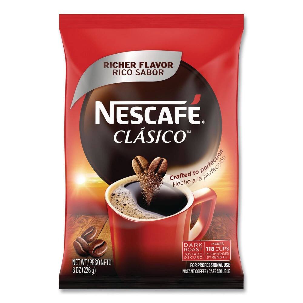 RICHER FLAVOR  
RICO SABOR  
NESCAFÉ CLÁSICO  
Crafted to perfection  
Hecho a la perfección  

NET WT / PESO NETO  
8 OZ (226g)  

DARK ROAST  
TOSTADO OSCURO  
MAKES 118 CUPS  
RECOMMENDED STRENGTH  
FOR PROFESSIONAL USE  
INSTANT COFFEE / CAFÉ SOLUBLE
