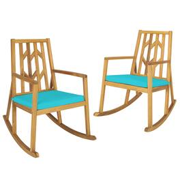 Gymax - Set of 2 Outdoor Acacia Wood Rocking Chair Wooden Patio Rocker w/ Cushion - Turquoise