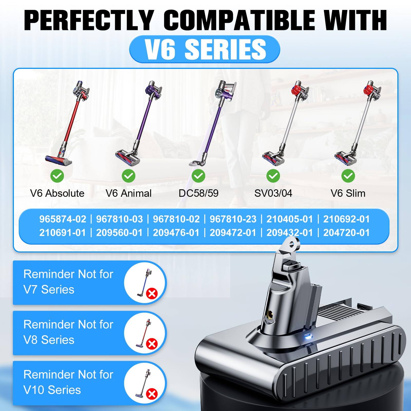 PERFECTLY COMPATIBLE WITH V6 SERIES

V6 Absolute  
V6 Animal  
DC58/59  
SV03/04  
V6 Slim  

965874-02 | 967810-03 | 967810-02 | 967810-23 | 210405-01 | 210692-01  
210691-01 | 209560-01 | 209476-01 | 209472-01 | 209432-01 | 204720-01  

Reminder Not for V7 Series  
Reminder Not for V8 Series  
Reminder Not for V10 Series