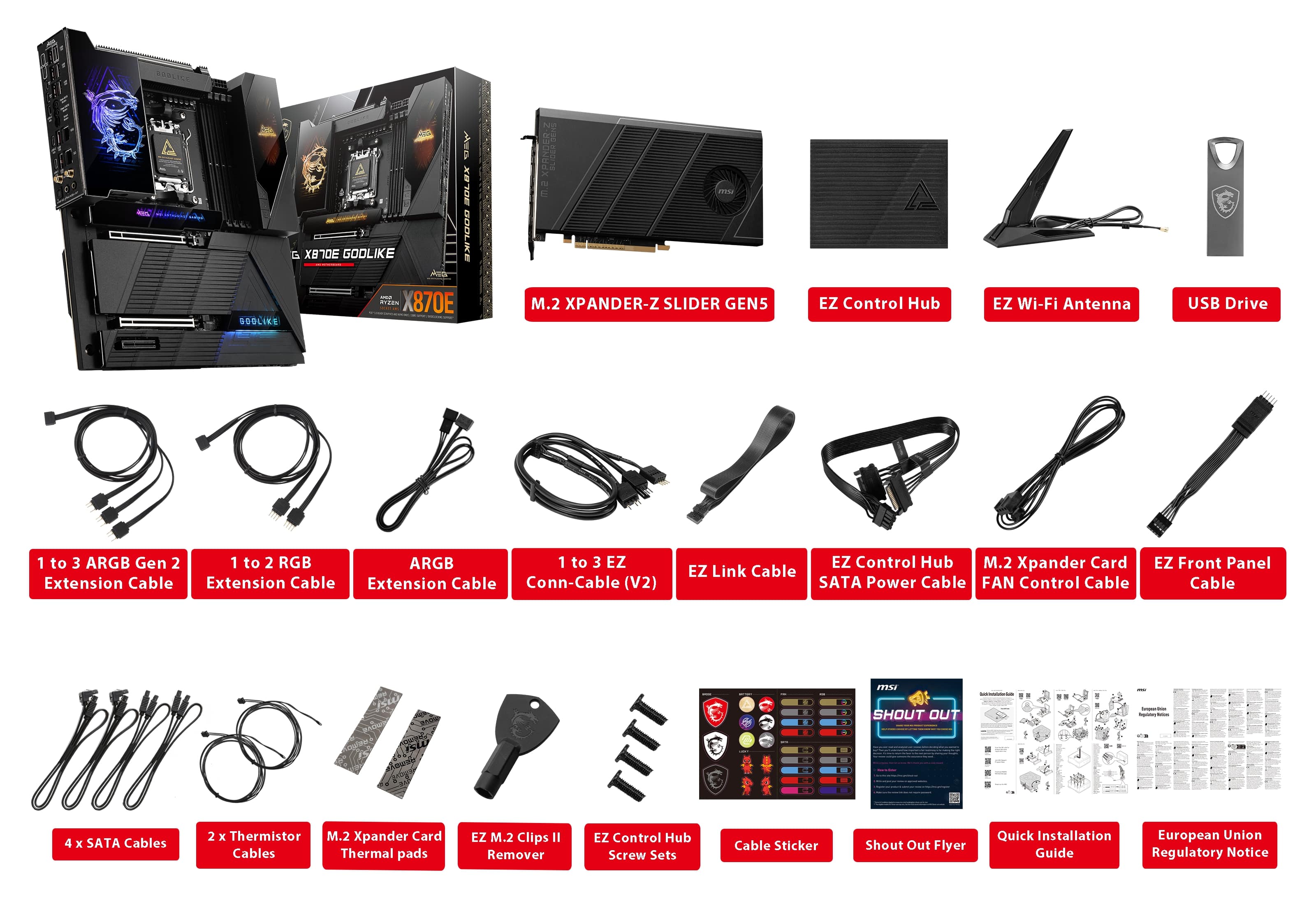The image shows a collection of computer components and accessories, including a computer monitor, keyboard, mouse, and various cables. The components are arranged in a grid, with each item labeled with its name or function. The labels include terms such as "USB Drive," "EZ Control Hub," "EZ Wi-Fi Antenna," and "EZ Extension Cable." The arrangement of the components and their labels make it easy to identify and understand the various parts of a computer system.
