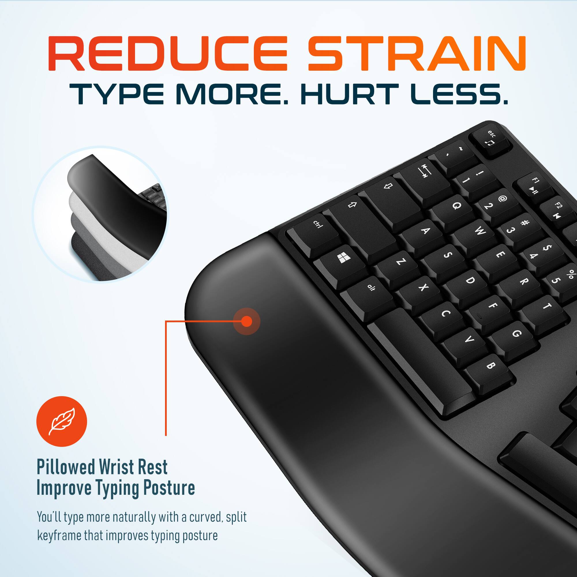 REDUCE STRAIN TYPE MORE. HURT LESS.

Pillowed Wrist Rest Improve Typing Posture
You'll type more naturally with a curved, split keyframe that improves typing posture
