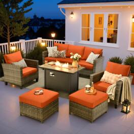 Ovios - 7 PCS Patio Furniture Set 3 Seat Sofa with Comfy Armchairs, Ottoman & 42" Fire Pit Table - Orange Red