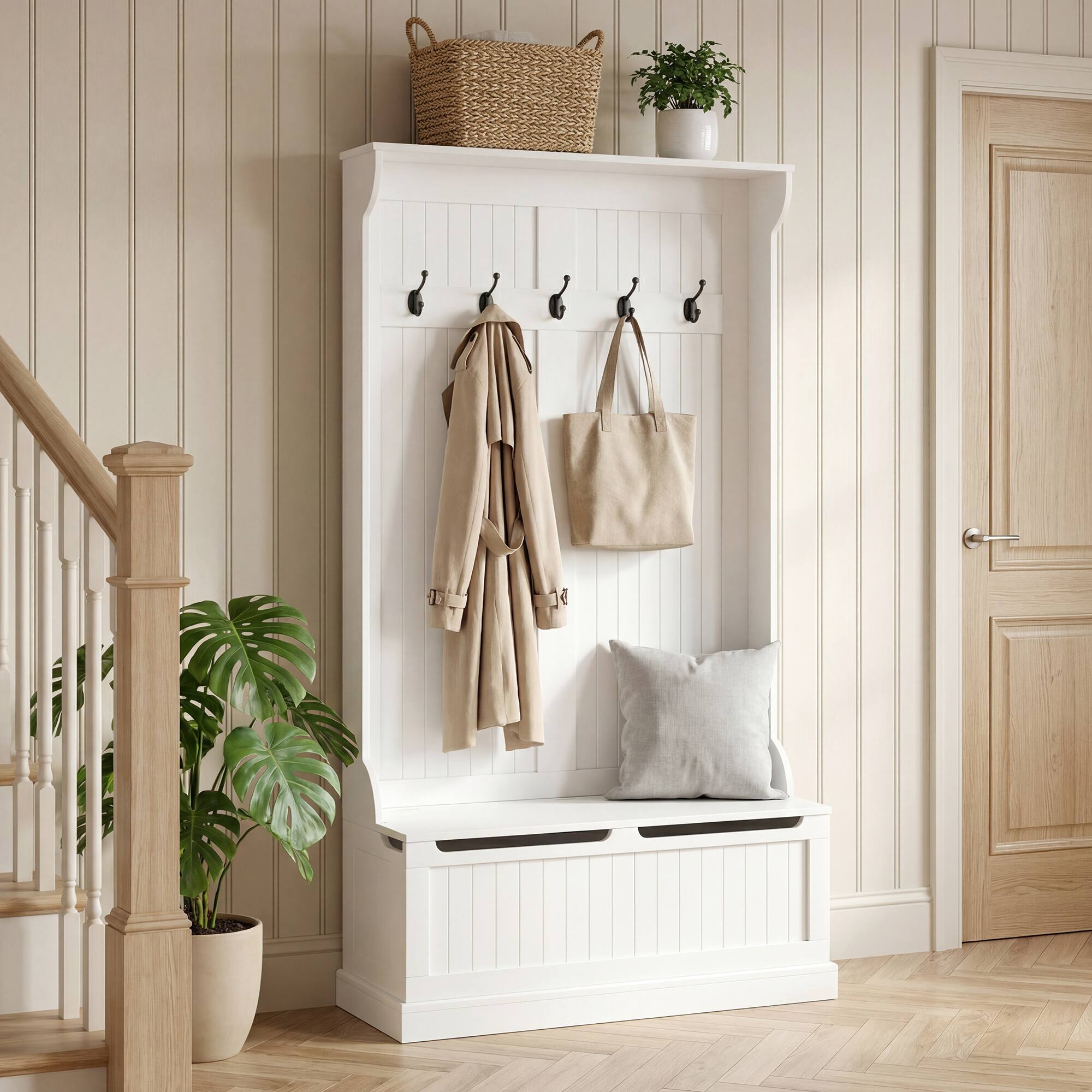 Alt View 1. Homcom - Entryway Bench with Coat Rack, Hall Tree with Bench and Shoe Storage - Cream White.