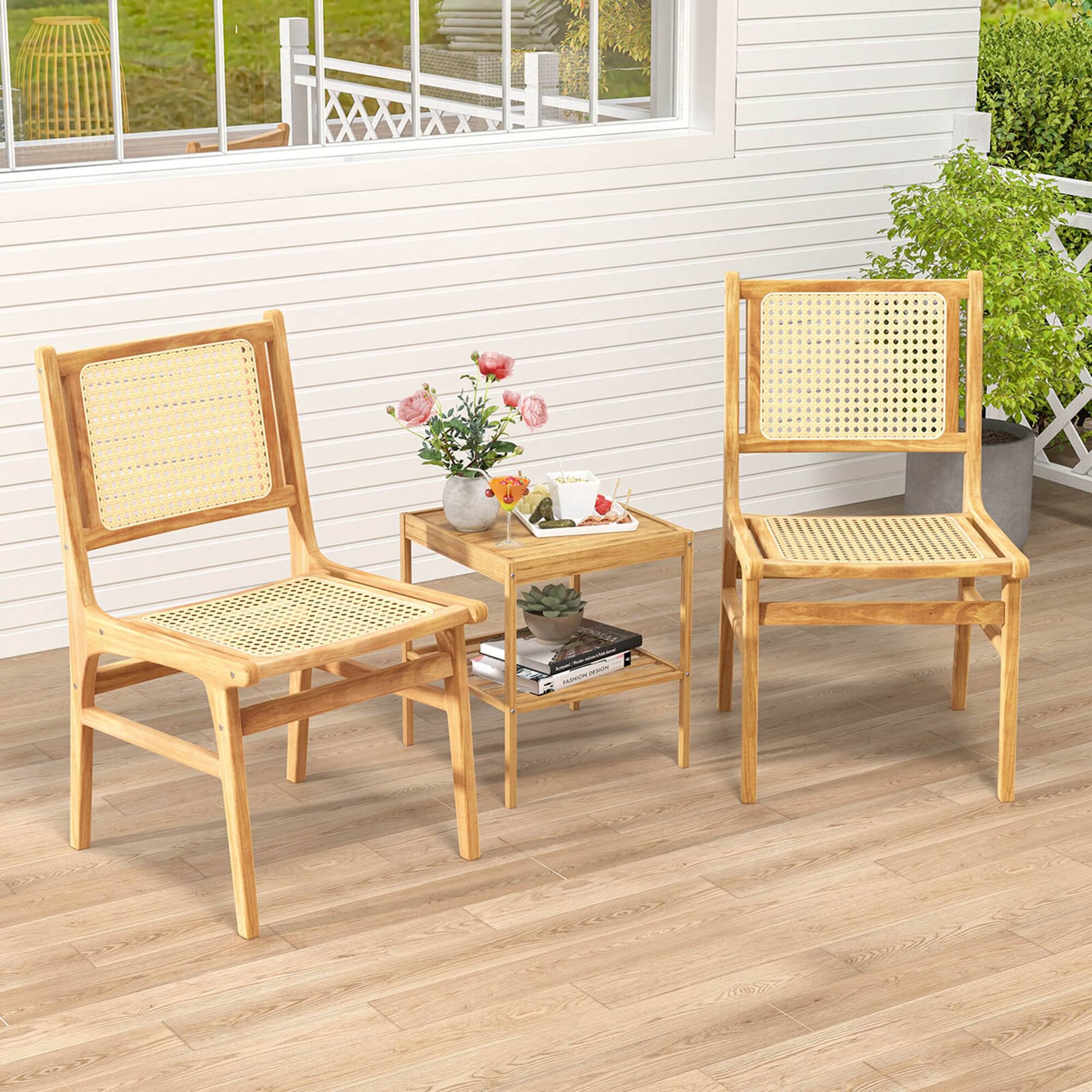 Back. Costway - 1 PCS Rattan Dining Chair with Natural Cane Woven Backrest & Seat & Teak Wood Frame - Natural.